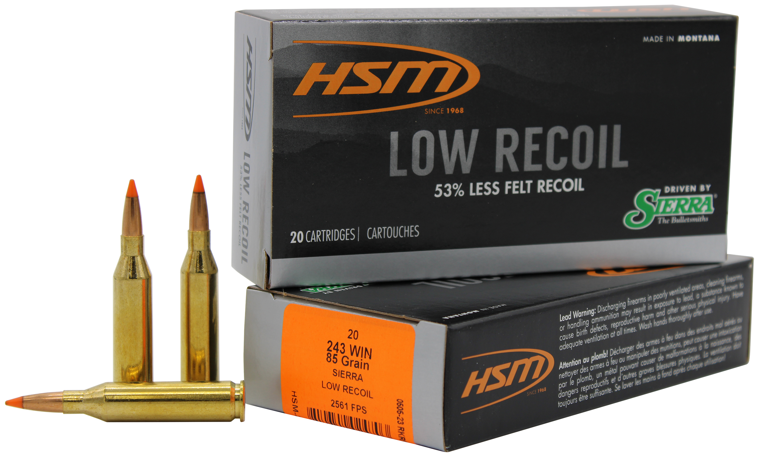 HSM 24318N Low Recoil  243 Win 85 gr Orange Polymer Tip 20 Per Box/ 25 Case