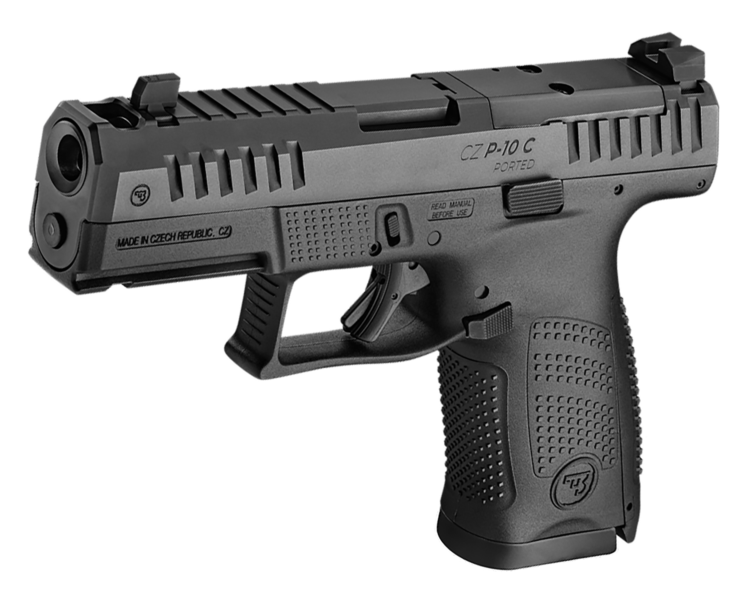CZ-USA 01578 P-10 C  Compact Frame 9mm Luger 10+1 4.02" Black Nitride Barrel, Black Nitride Steel Optic Ready/Serrated Slide, Black Polymer Frame w/Accessory Rail, Interchangeable Backstrap Grip