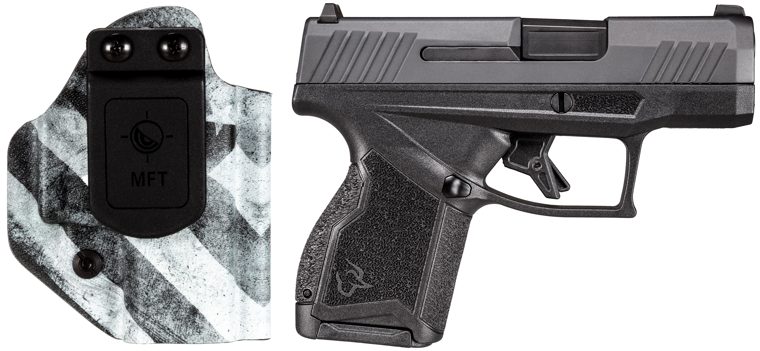 Taurus 1-GX4M931-CK7 GX4  9mm Luger 11+1 3.06" Satin Black DLC Steel Barrel, Black Nitride Serrated Slide, Black Polymer Frame w/ Interchangeable Backstrap Grips Includes B&W US Flag Holster