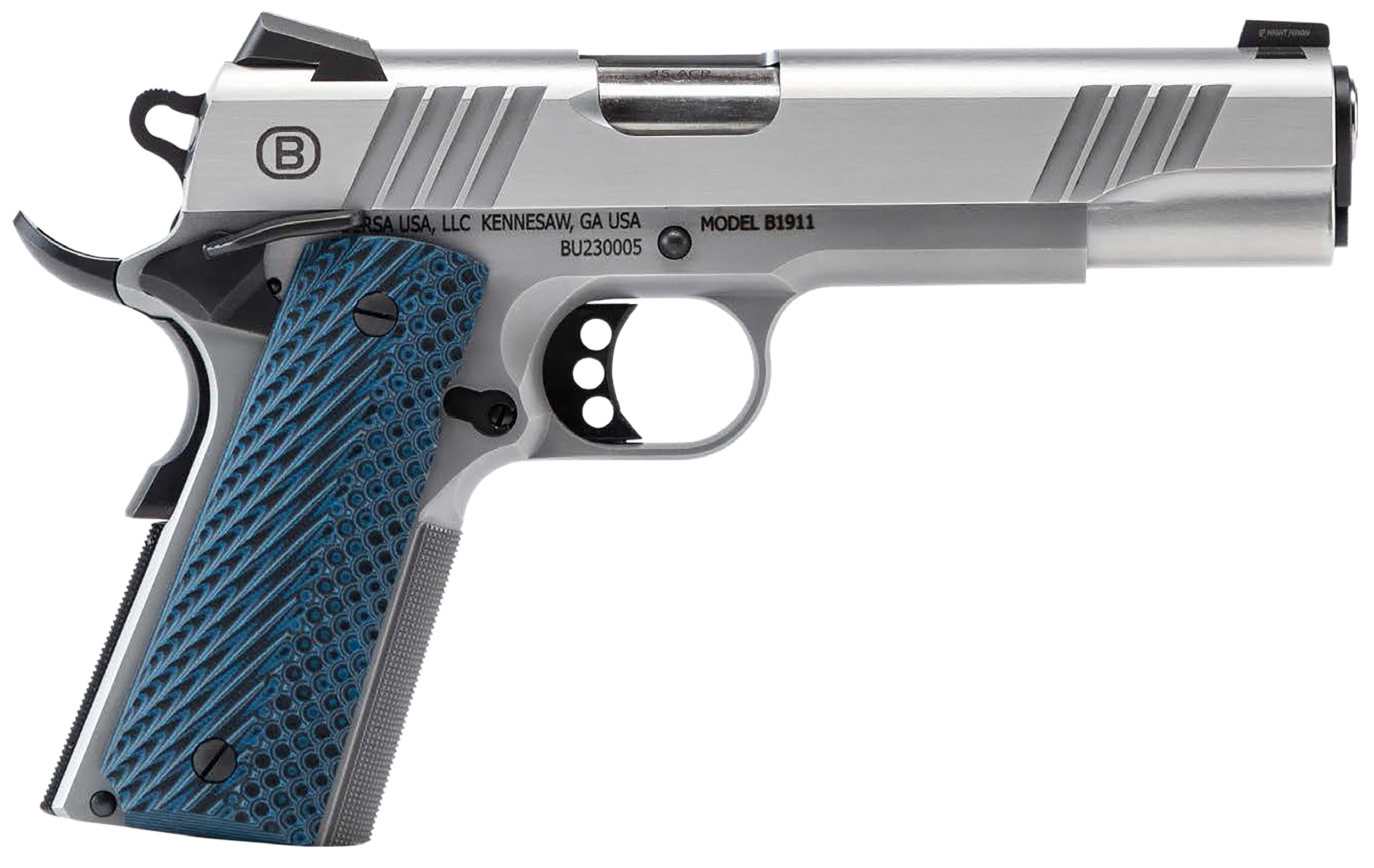 Bersa B19117050SMBL B1911  Full Size Frame 45 ACP 8+1 5" Stainless Steel Barrel, Polished Stainless Serrated Steel Slide, Matte Stainless Stainless Steel Frame w/Beavertail, Blue VZ Grip, Ambidextrous