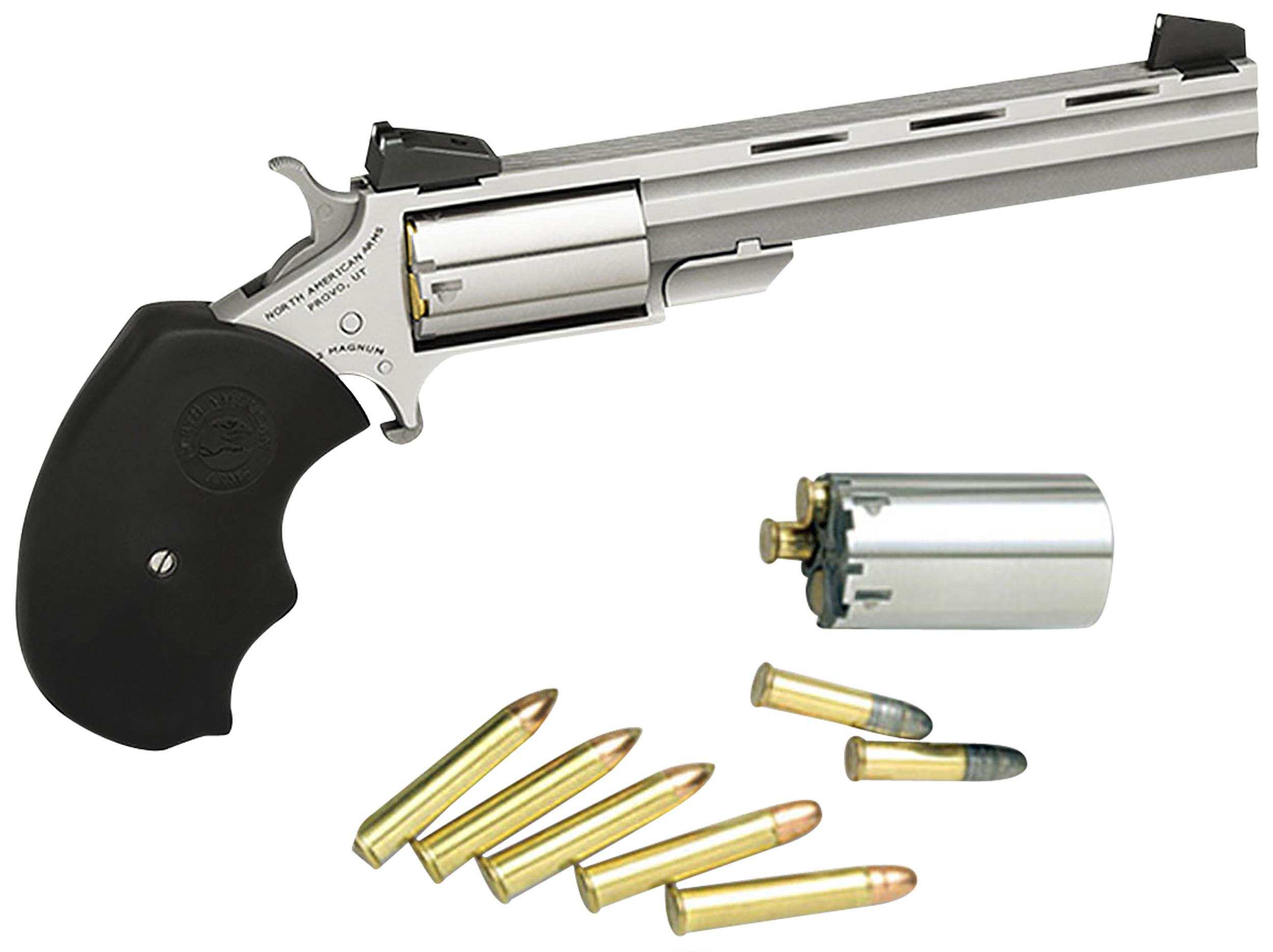 North American Arms MMTC Mini-Master *CA Compliant 22 LR/22 WMR 5 Shot 4" Stainless Steel Vent Rib Barrel, Stainless Steel Frame, Stainless Cylinder, Black Finger Grooved Rubber Grip, Exposed Hammer