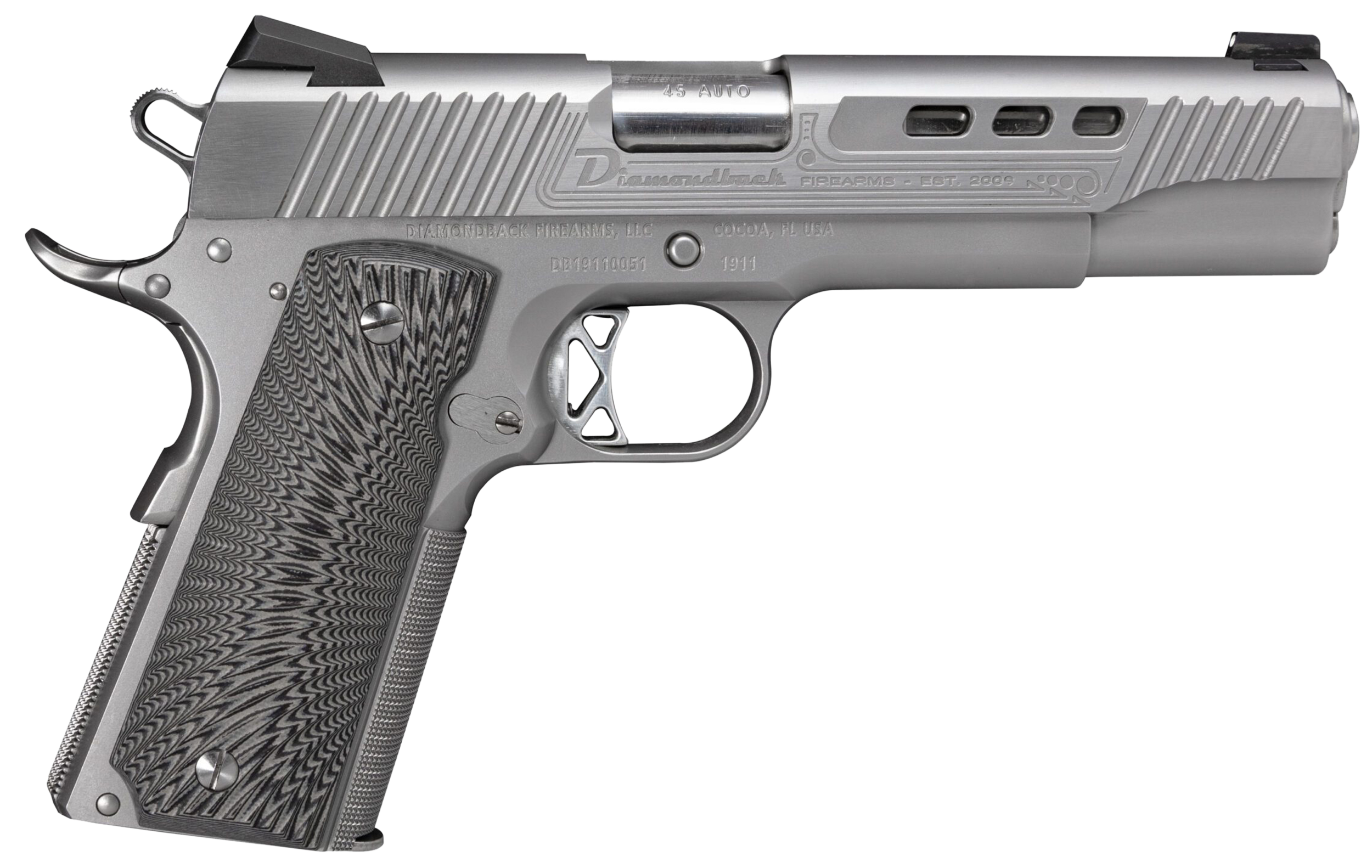 Diamondback DB1911SS 1911 Limited Edition 45 ACP 8+1 5" Stainless Match Grade Barrel, Ported/Serrated Stainless Steel Slide & Frame w/Beavertail, Black G10 Grip