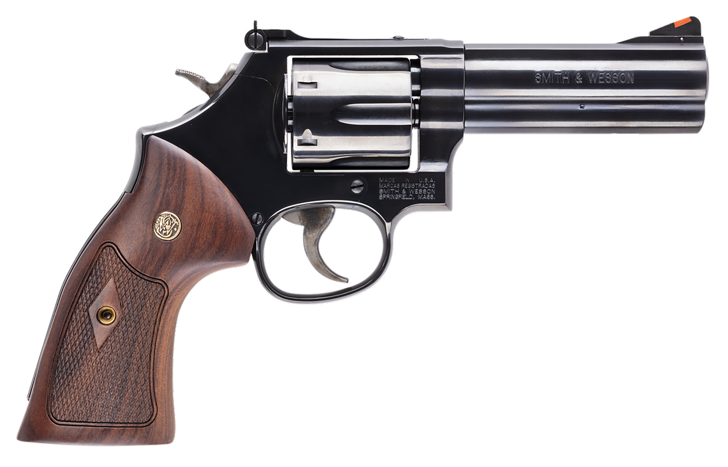Smith & Wesson 150909 Model 586 Classic L-Frame 357 Mag 38 Special +P 6 Shot 4" Blued Carbon Steel Barrel, Blued Cylinder, Blued Carbon Steel Frame, Wood Grip Internal Lock Safety, Exposed Hammer