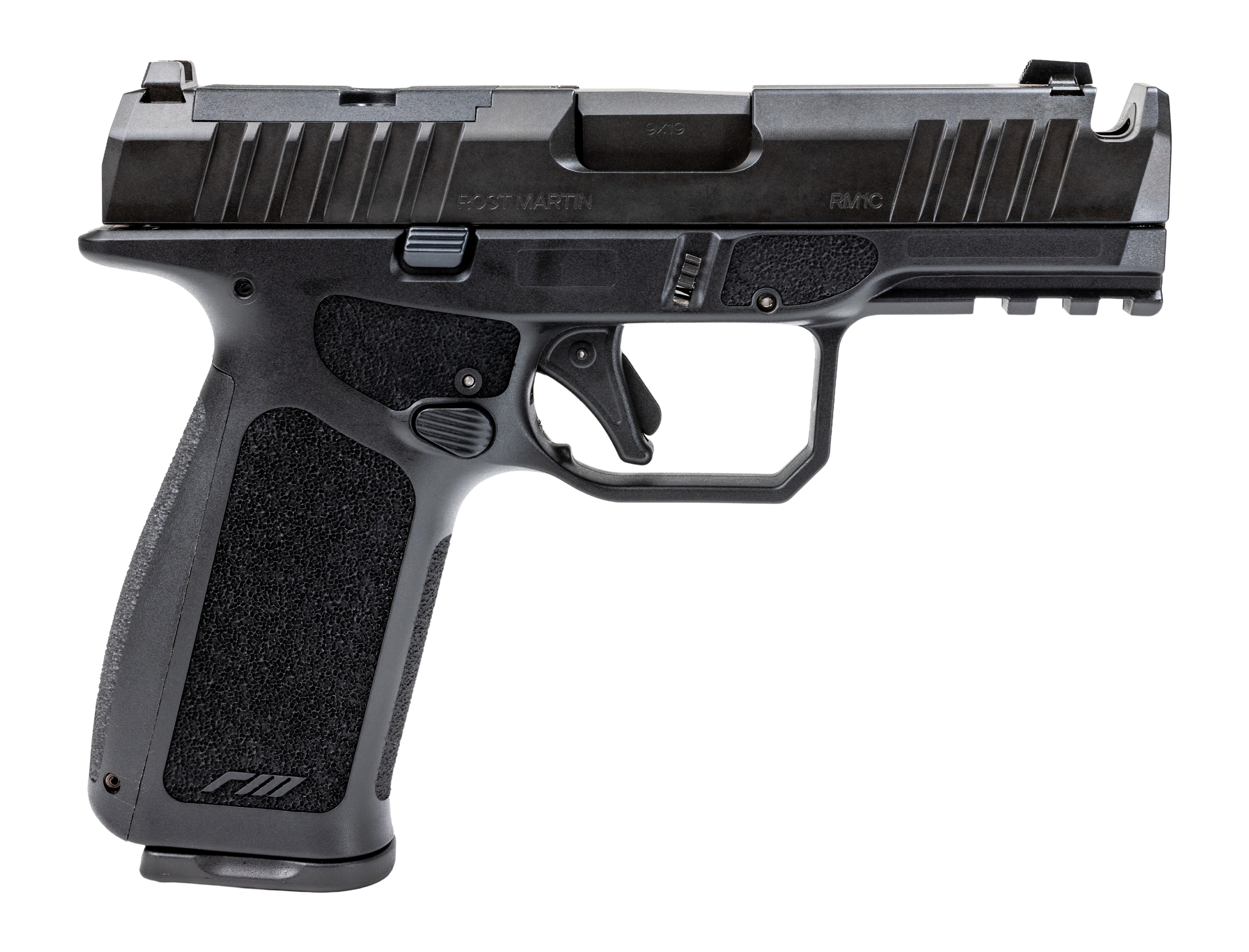 Rost Martin RM1XBCH RM1X Comp Compact 9mm Luger 19+1 4" Black Compensated Match Grade Barrel, Black Tenifer Steel Optic Ready/Serrated Slide, Black Polymer Frame w/Picatinny Rail, Interchangeable Back