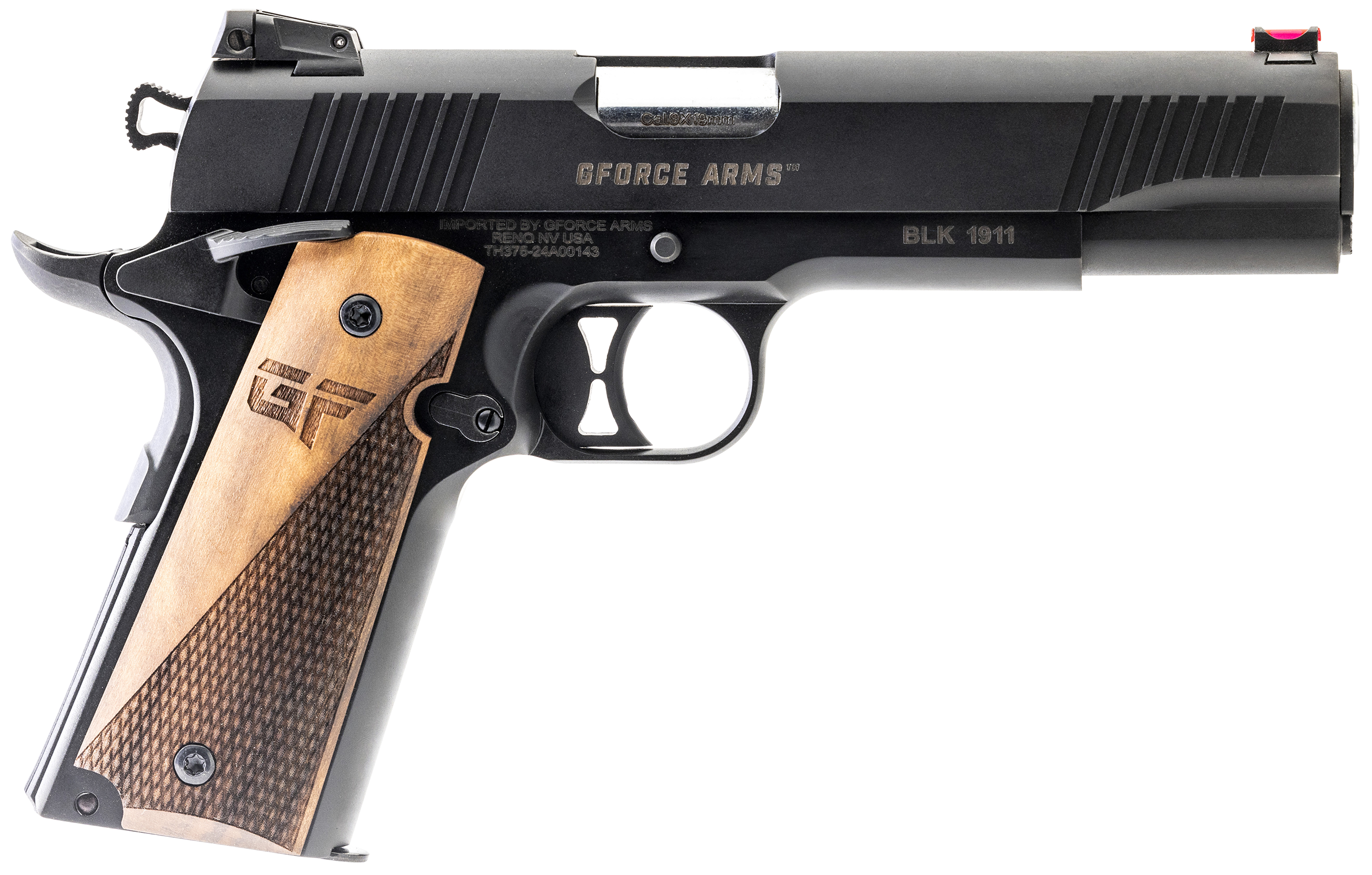 Gforce Arms GF199BW Chronicle 1911 9mm Luger 9+1 5" Stainless Steel Barrel, Black Serrated Steel Slide, Black Cerakote Aluminum Frame, Turkish Walnut Grip