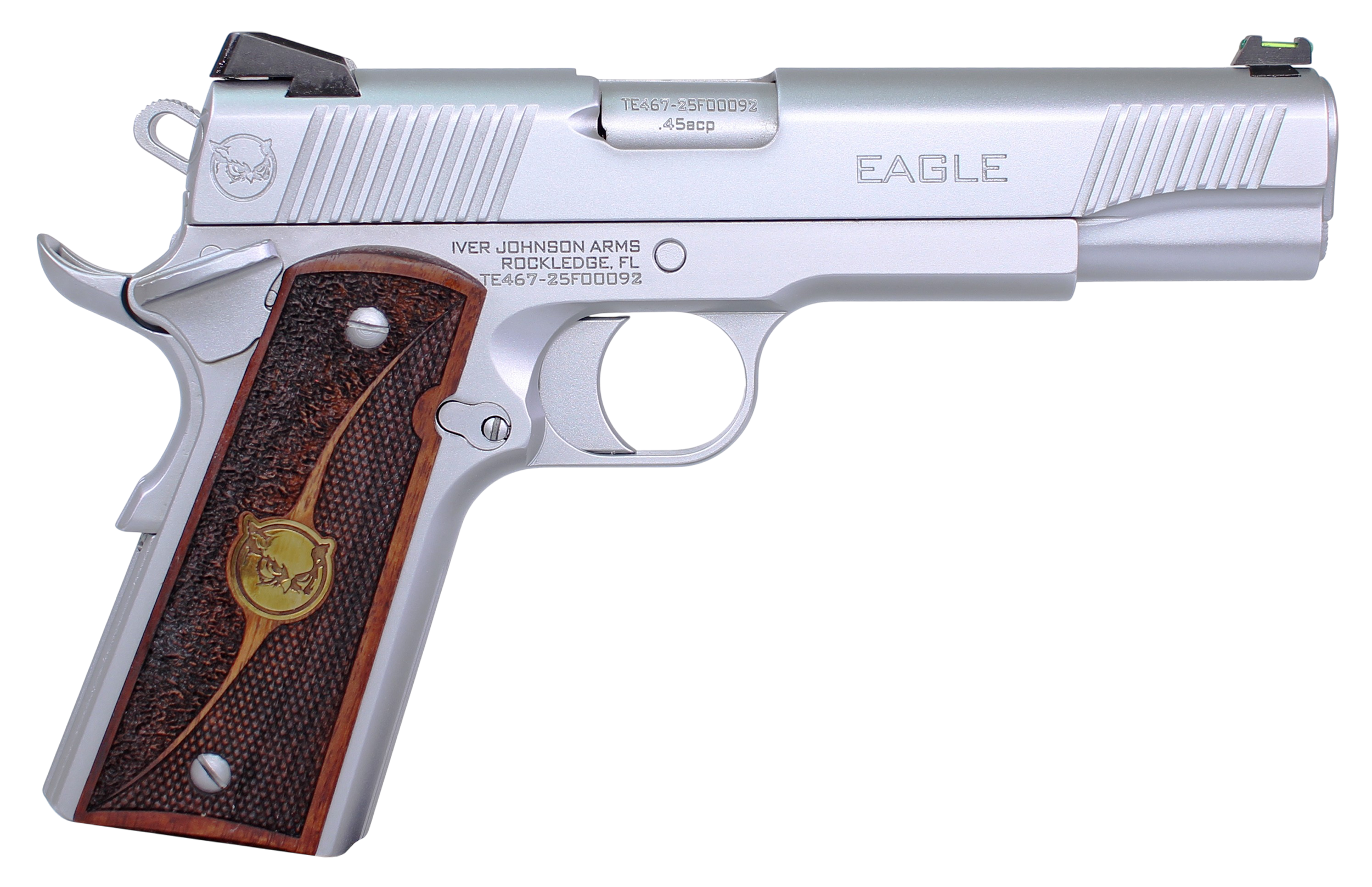 Iver Johnson Arms EAGLEHC Eagle Gen2 HC Government Frame 45 ACP 8+1 5" Overall Satin Hard Chrome Crowned Barrel, Serrated Steel Slide & Frame w/Beavertail, Textured Walnut w/Brass Logo Medallion Grip