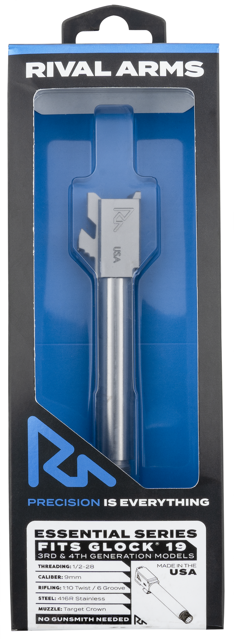Rival Arms RARA22G202D Essential V2 Match Grade 9mm Luger 4.49" Threaded Stainless Steel, Fits Glock 19 Gen3-4