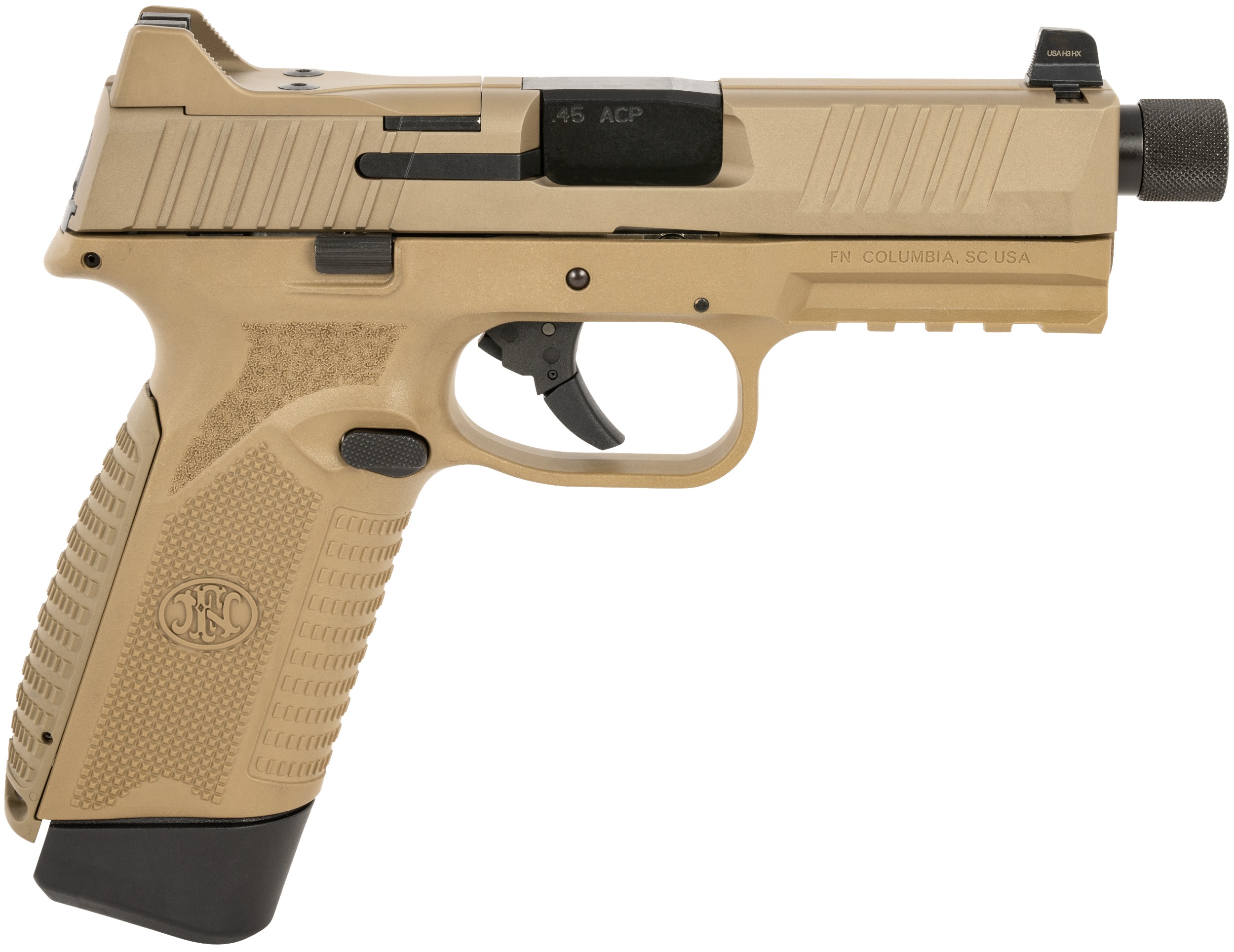 FN 66101384 545 Tactical 45 ACP 15+1/18+1, 4.71" Black Target Crown/Threaded Steel Barrel, Flat Dark Earth PVD Optic Cut/Serrated Steel Slide & Polymer Frame w/Picatinny Rail, Ambidextrous
