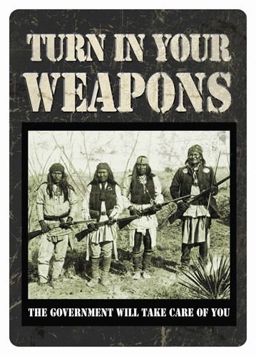 RIVERS EDGE TIN SIGN 12"X17" "TURN IN YOUR WEAPONS"