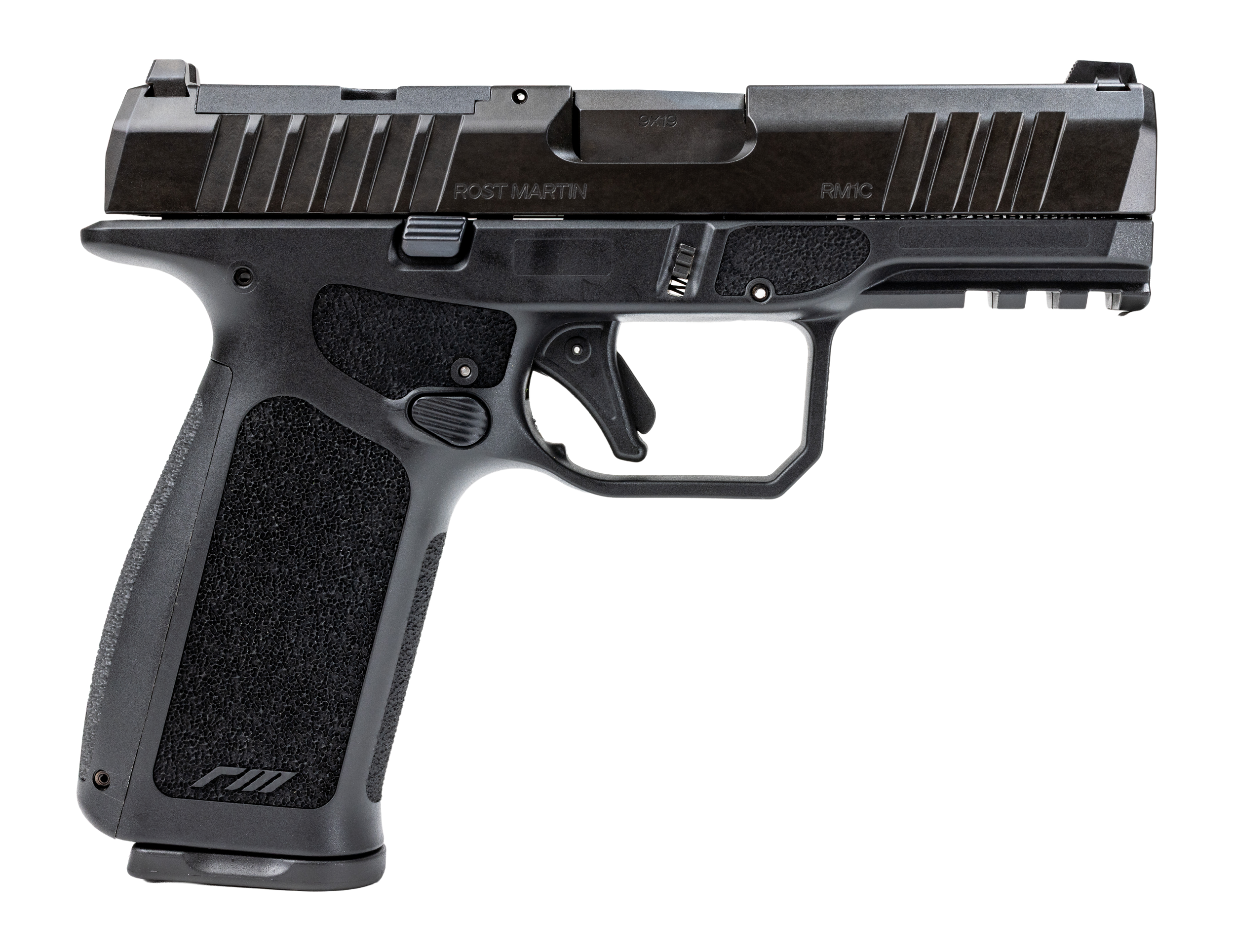 Rost Martin RM1CXBLKOSP10CA RM1X *CA Compliant Compact 9mm Luger 10+1 4" Black Match Grade Barrel, Black Nitrocarburized Steel Optic Ready/Serrated Slide, Black Polymer Frame w/Picatinny Rail, Interch