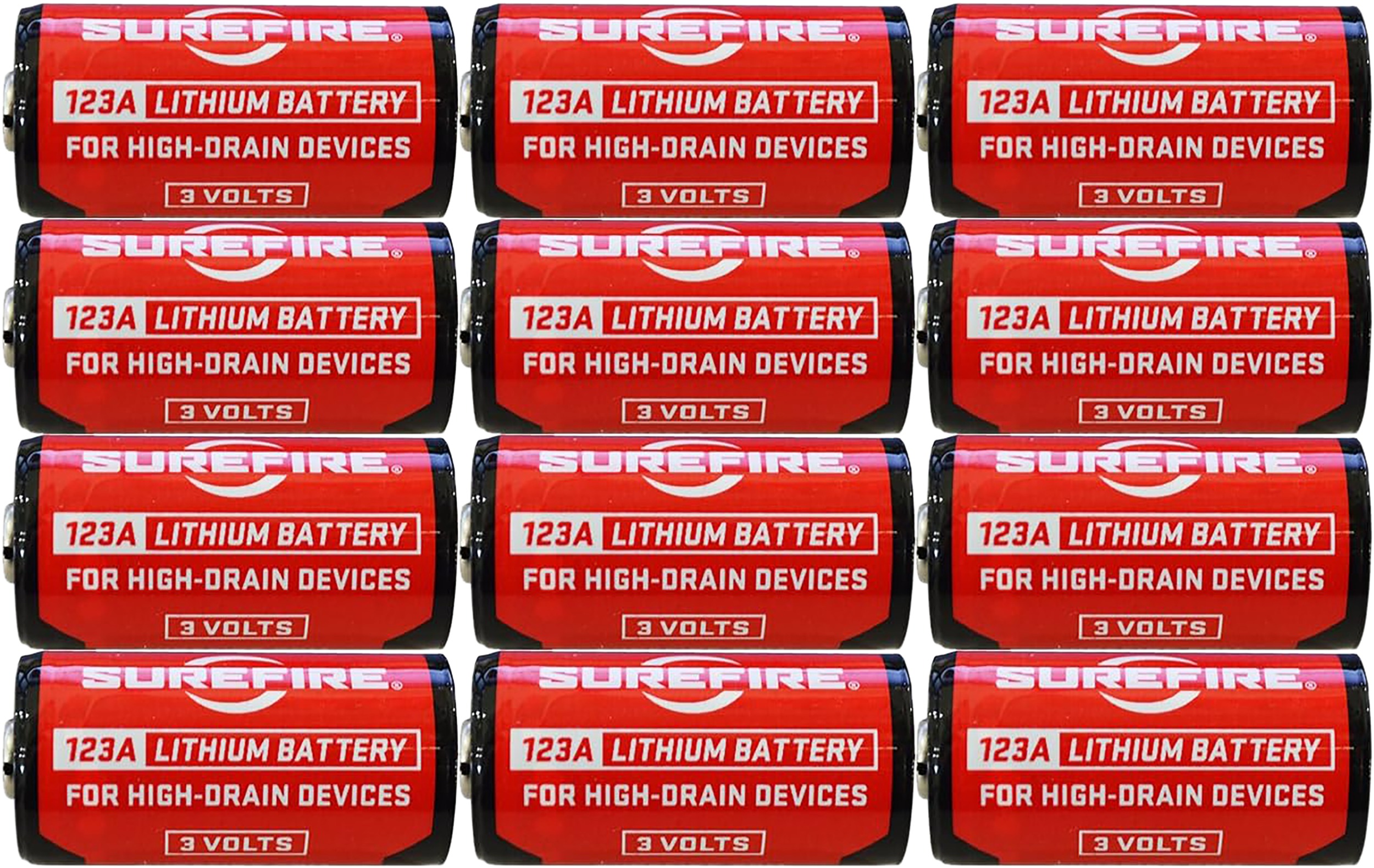 SureFire SF12ABBCS 123A Batteries  Red/Black 3.0 Volts 1,550 mAh (12) Single Package Clamshell