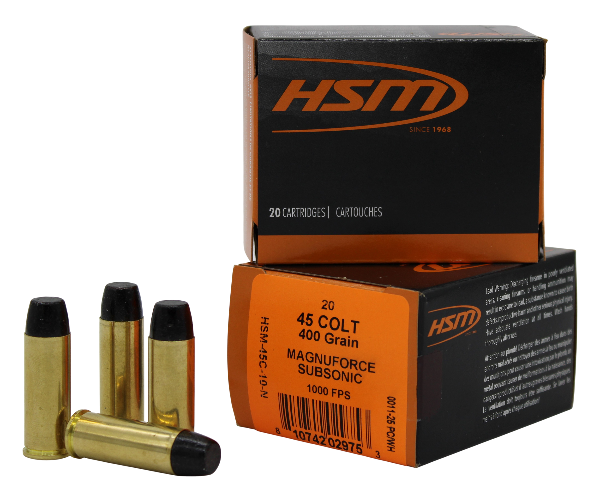 HSM 45C10N 45Colt Subsonic 400gr Hard Cast Long Flat Nose 20 Per Box/20 Case
