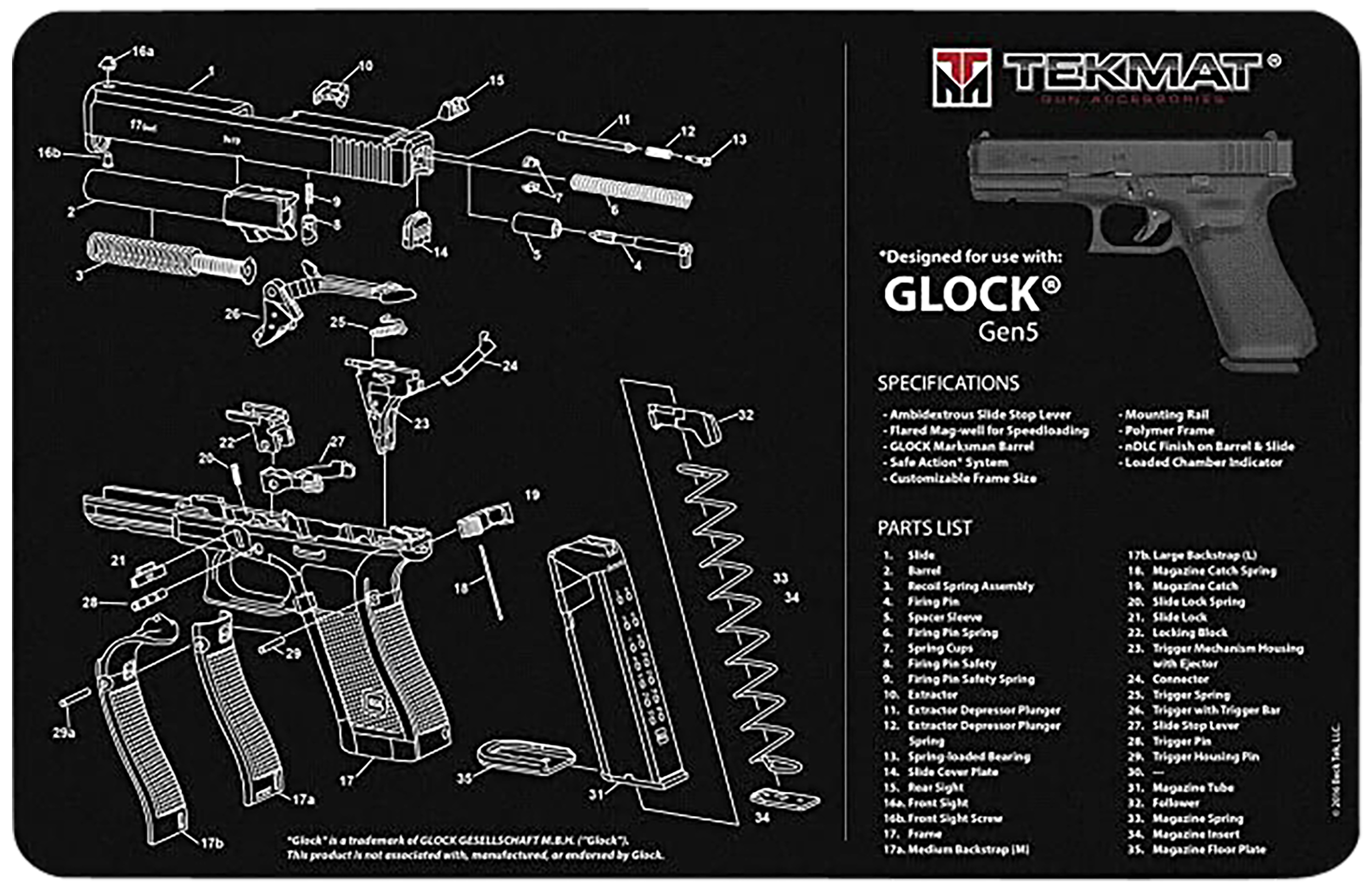 TekMat TEKR20GLOCK-G5 Glock Gen 5 Ultra 20 Cleaning Mat Multi-Color Rubber 15"x20" Glock Gen5 Parts Diagram