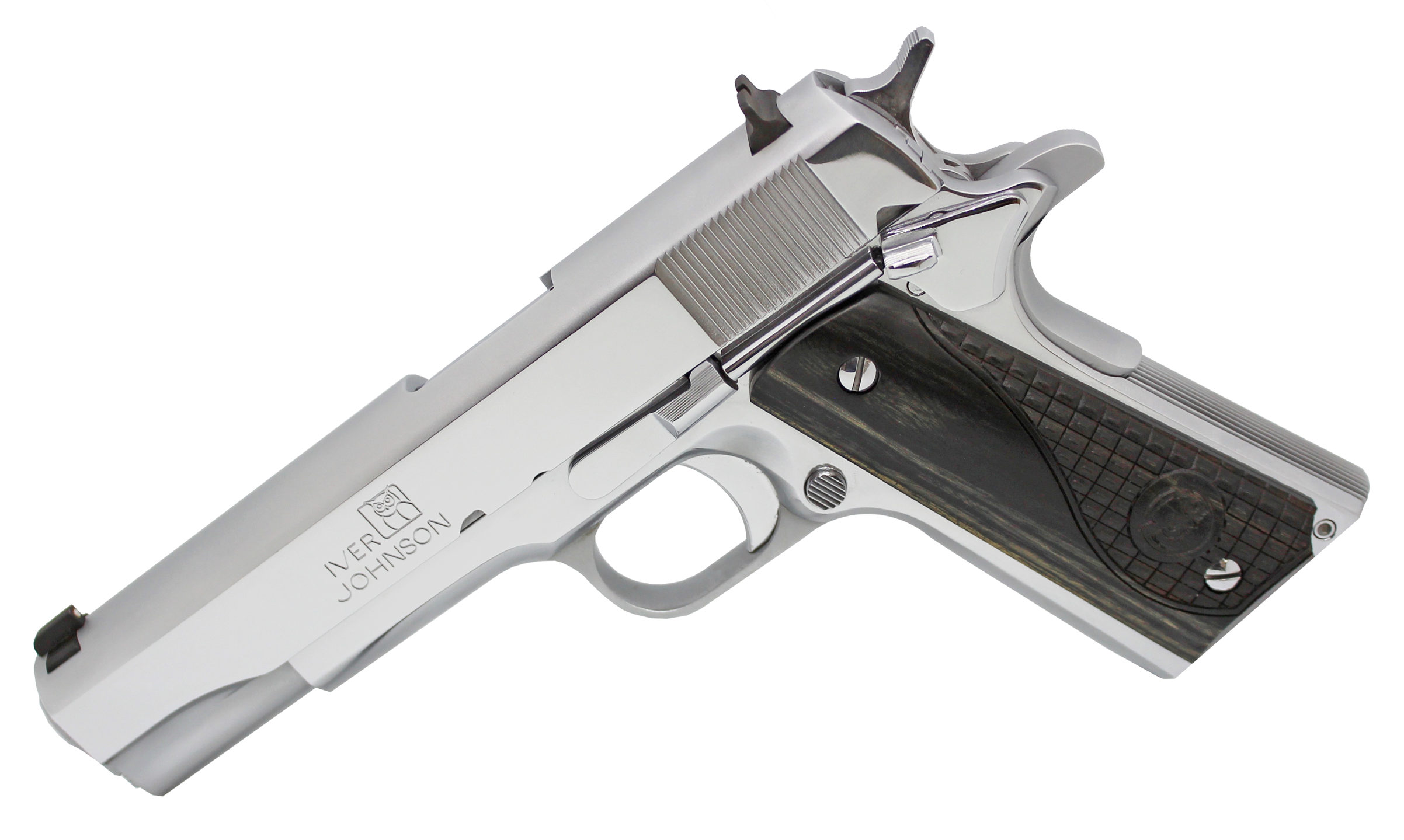 Iver Johnson Arms 1911A138CHRW 1911 A1 Government 70 Series 38 Super 9+1 5" Bright Polish Chrome Serrated Steel Slide & Frame w/Beavertail, Black Dual Textured Diamondwood Grip, Right Hand
