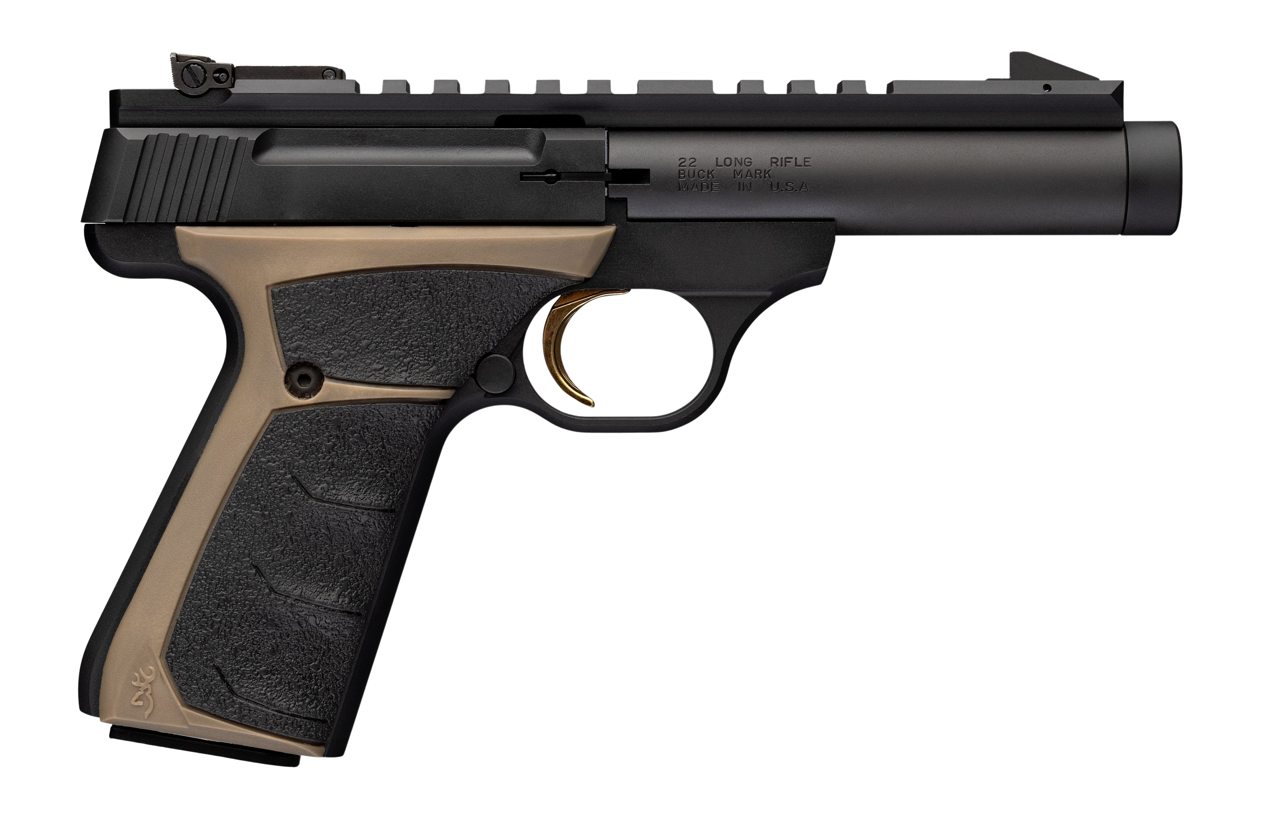 Browning 051614490 Buck Mark Field Target 22 LR 10+1 4.40" Matte Black Bull Threaded Barrel, Picatinny Rail Receiver, Matte Black FDE w/Black Overmold Grip