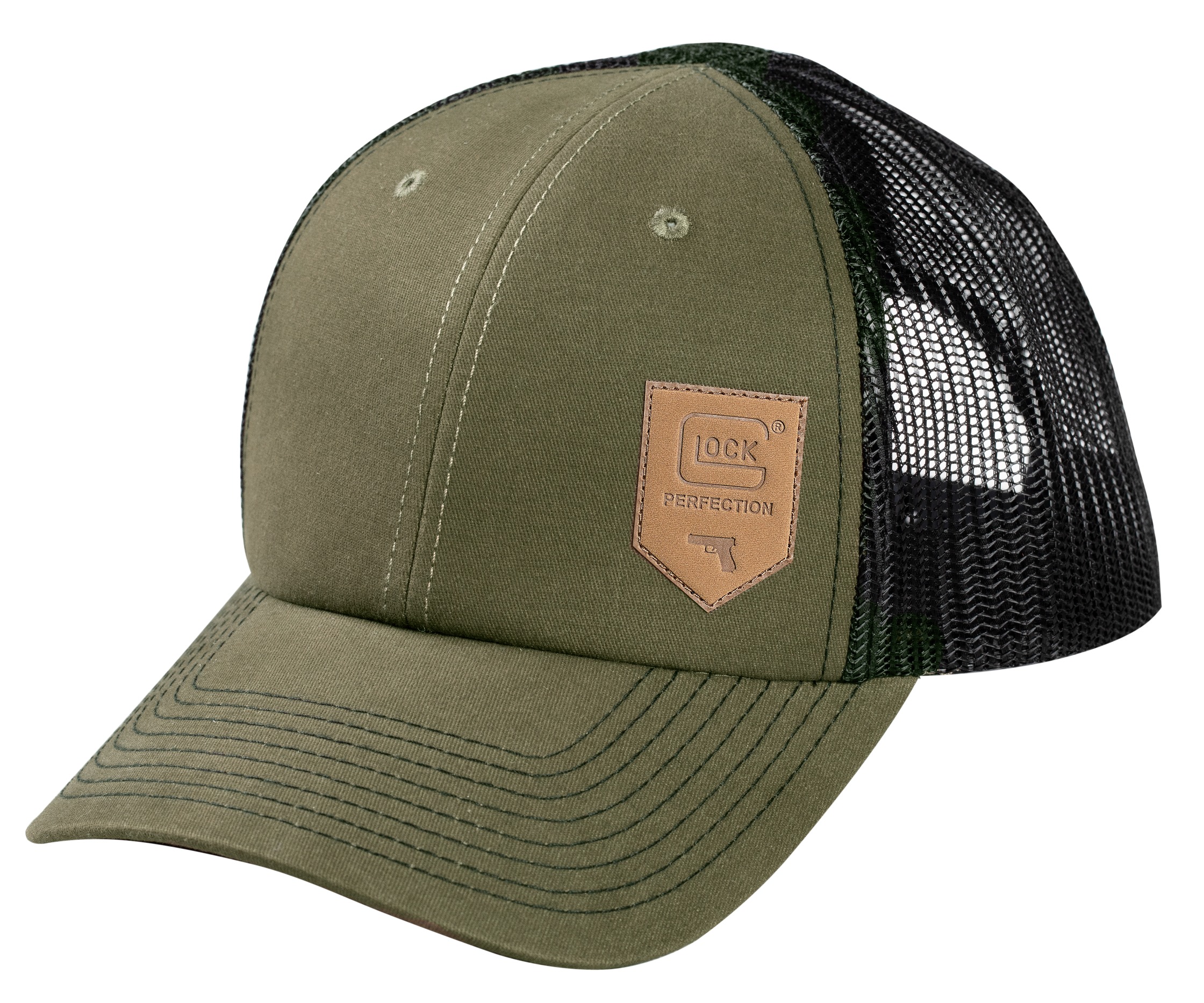 Glock AP95883 Chino Olive Green/Black Mesh Hat w/Leather-Like Glock Shield Patch