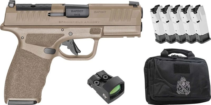 dSPRINGFIELD ARMORY HELLCAT PRO FDE GEAR UP PKG  PSTL 9MM BLK 3.7" 5-10RD, CT-1500, RANGE BAG