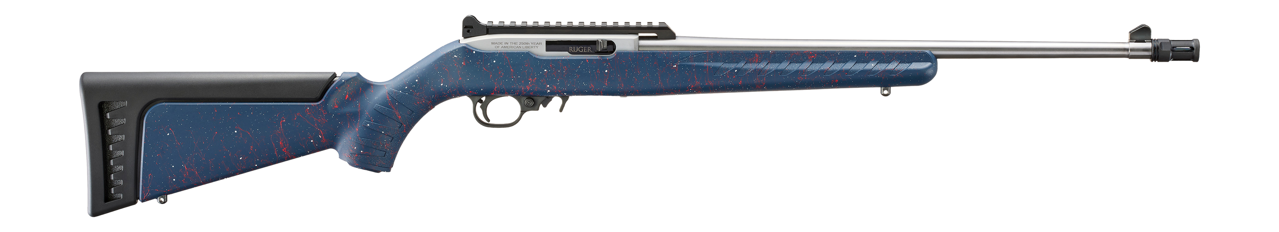Ruger 32039 10/22 250th Anniversary 22 LR 10+1 18.50" Satin Stainless Threaded Barrel, Engraved Satin Stainless Steel Receiver w/Picatinny Rail, Liberty Blue w/Red & White Splatter Ruger Modular Syste