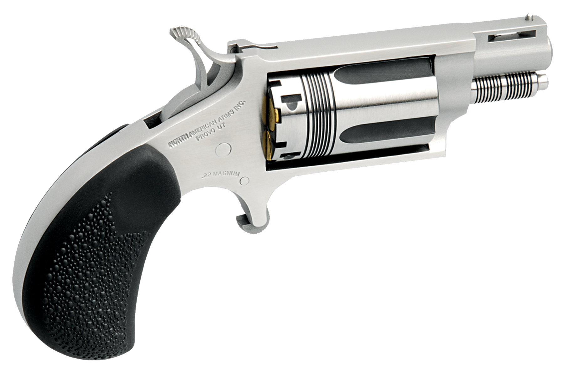 North American Arms 22MSTW Wasp Snub Nose 22 WMR 5 Shot 1.13" Stainless Steel Vent Rib Barrel, Stainless Steel Frame & Cylinder, Black Pebbled Rubber Grip, Exposed Hammer