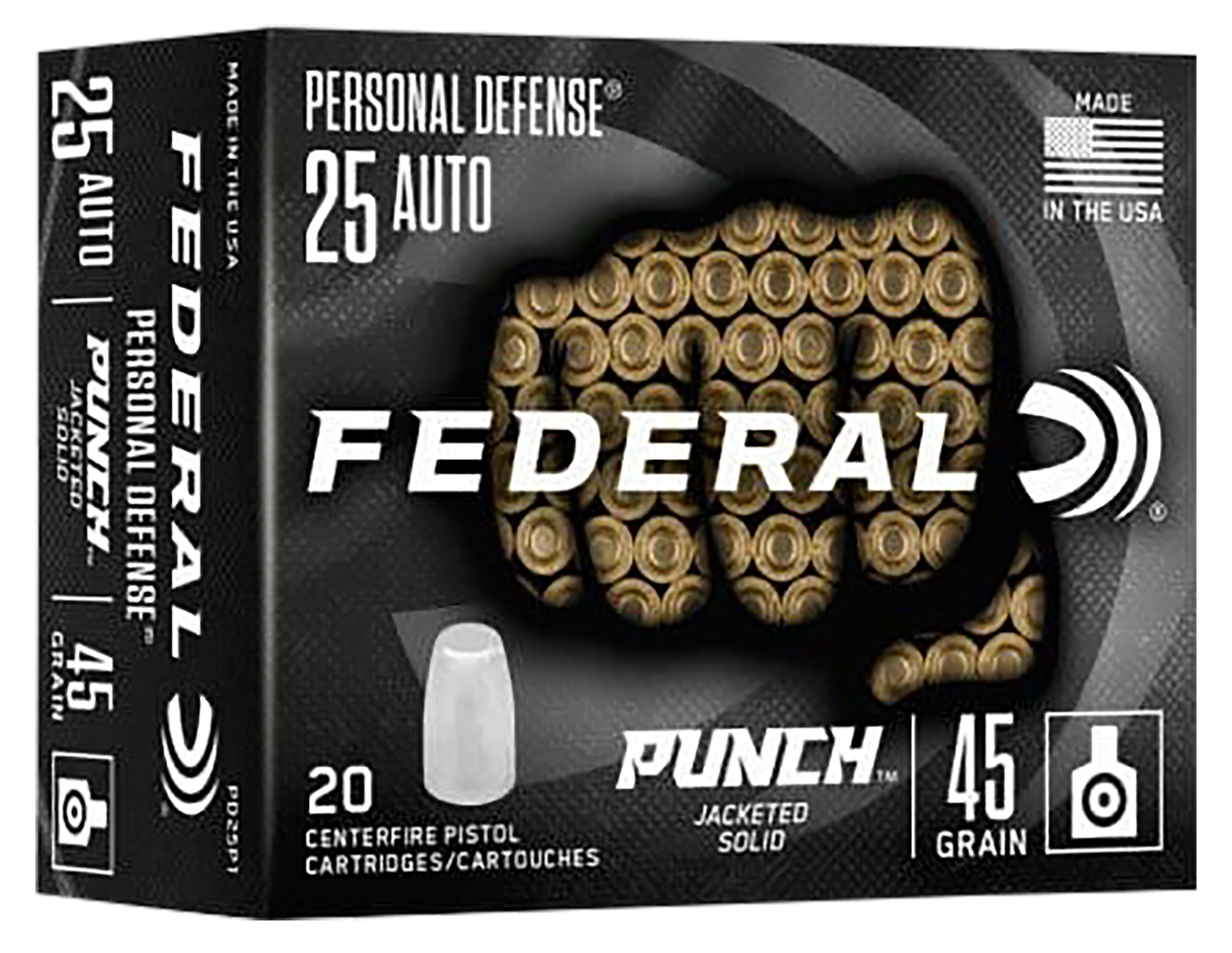 Federal PD25P1 Punch Personal Defense 25ACP 45gr Hollow Point 20 Per Box/10 Case