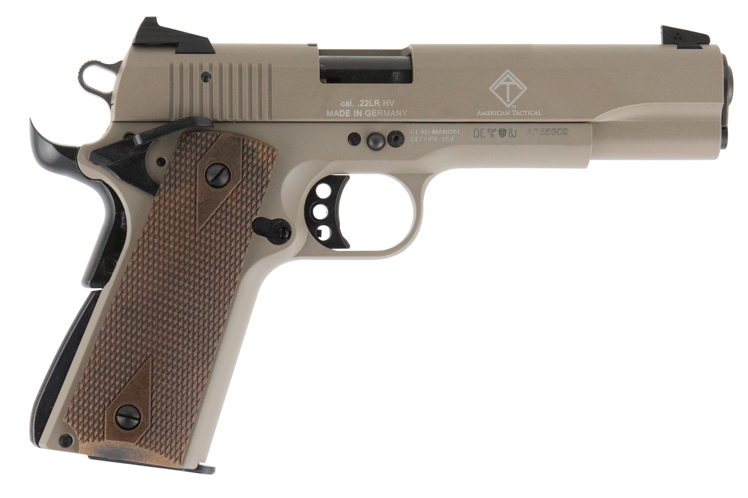GSG GSG2210M1911T 1911  22 LR 10+1 5" Threaded Barrel, Tan Serrated Slide & Zinc Alloy w/Beavertail Frame, Double Diamond Walnut Grip