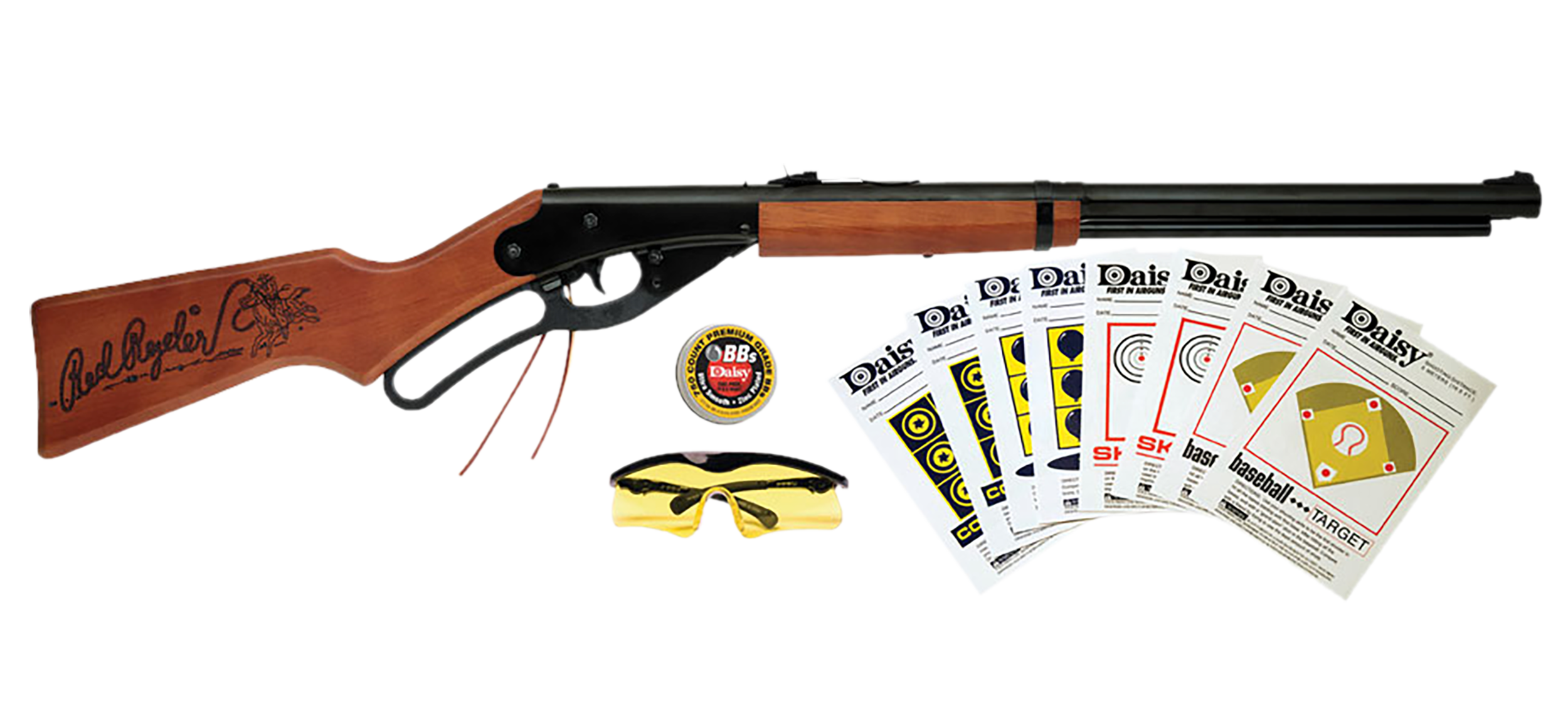 Daisy 994938-803 Red Ryder Shooting Kit Lever 177 BB Black Steel Barrel & Receiver, Fixed Engraved Wood Stock