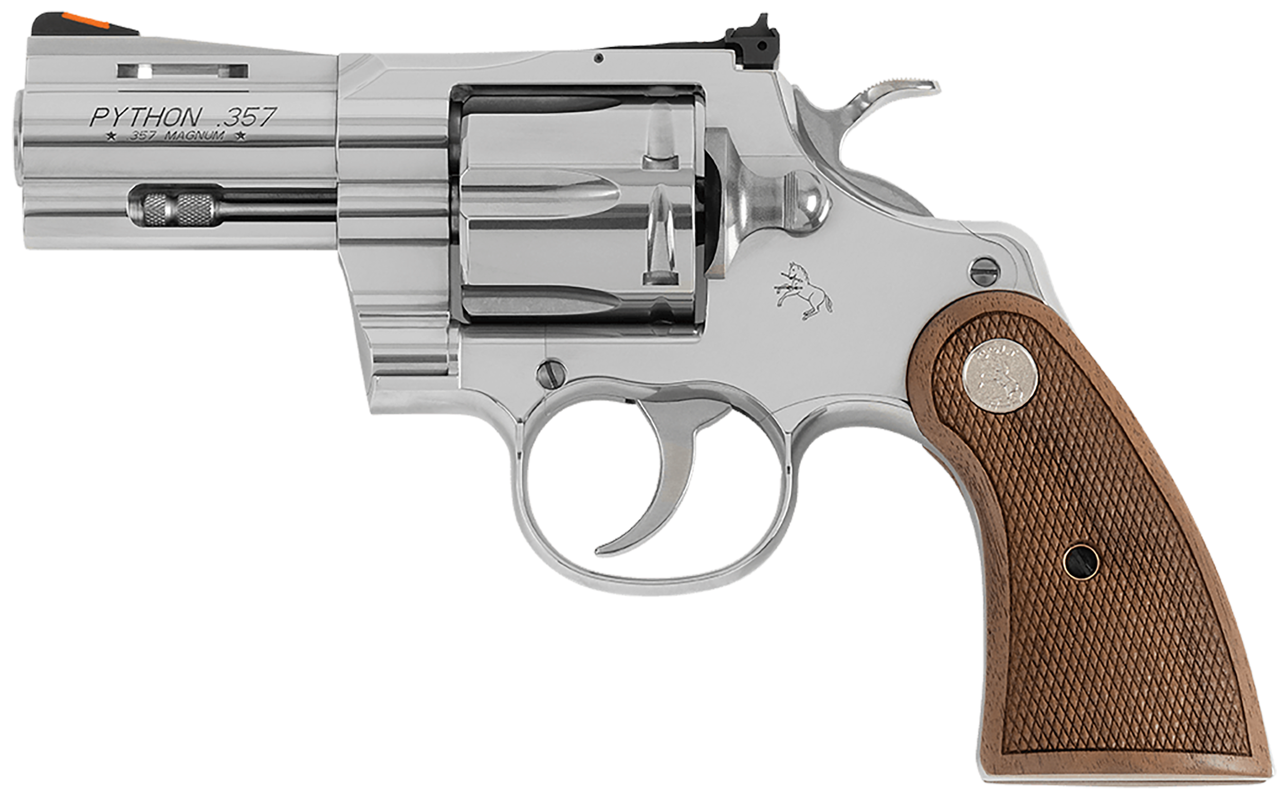 Colt Mfg PYTHONSP2WCTS Python 357 Mag/38 Special 6 Shot 2.50" Stainless Recessed Target/Vent Rib Barrel, Stainless Cylinder & Frame, Walnut w/Colt Medallion Grip