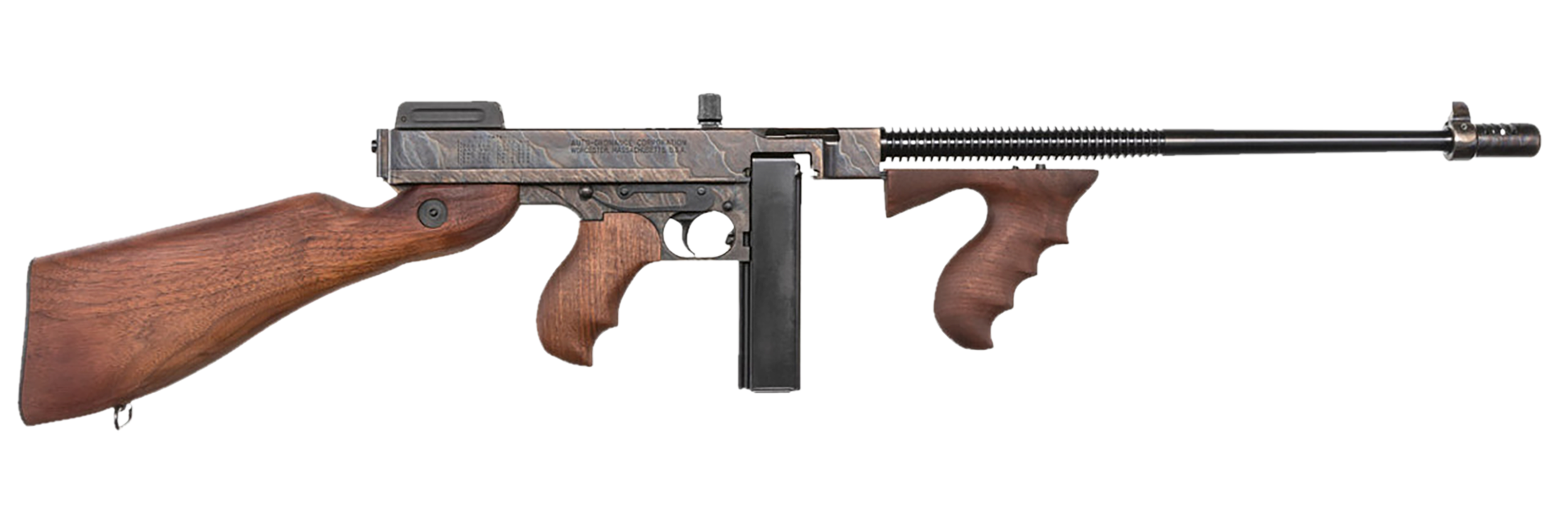 Thompson T1CH 1927A-1 Deluxe 45 ACP Caliber with 18" Barrel, 20+1 Capacity (Stick), Color Case Hardened Metal Finish, American Walnut Stock Wood Grip Right Hand