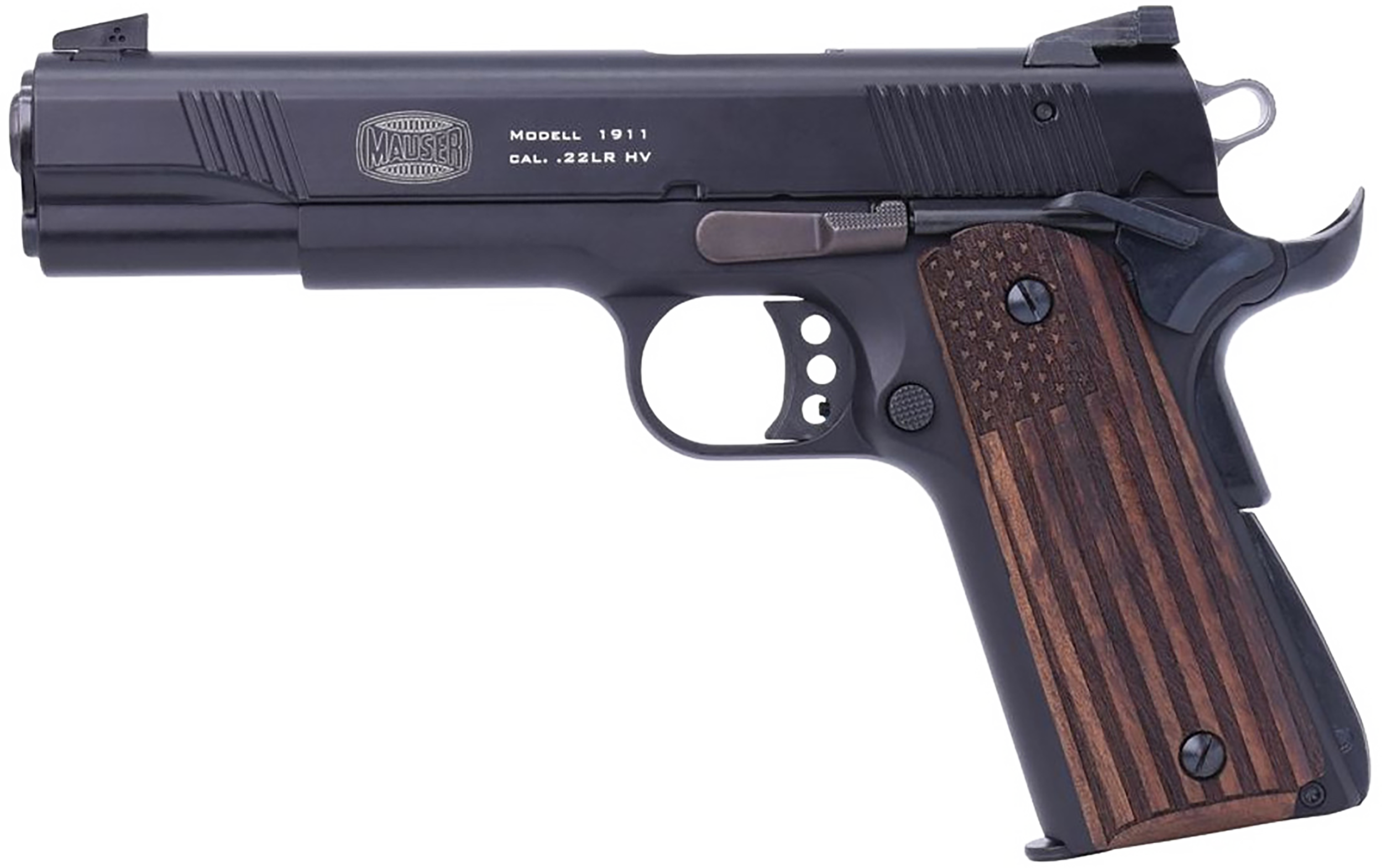 Mauser Rimfire 4110608 1911 22 LR 10+1 5" Black Steel Barrel, Black Serrated Aluminum Slide, Black Aluminum Frame w/Beavertail, Molded Wood Flag Grip, Ambidextrous
