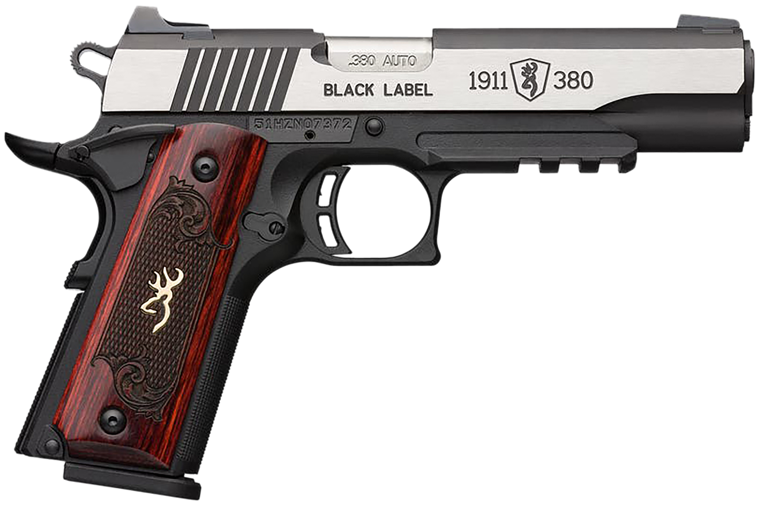 Browning 051971492 1911 Black Label Medallion Pro 380 ACP 8+1 4.25" Target Crown Barrel, Blackened w/Silver Polished Flats Serrated SS Slide, Matte Black Polymer Frame w/Beavertail & Picatinny Rail