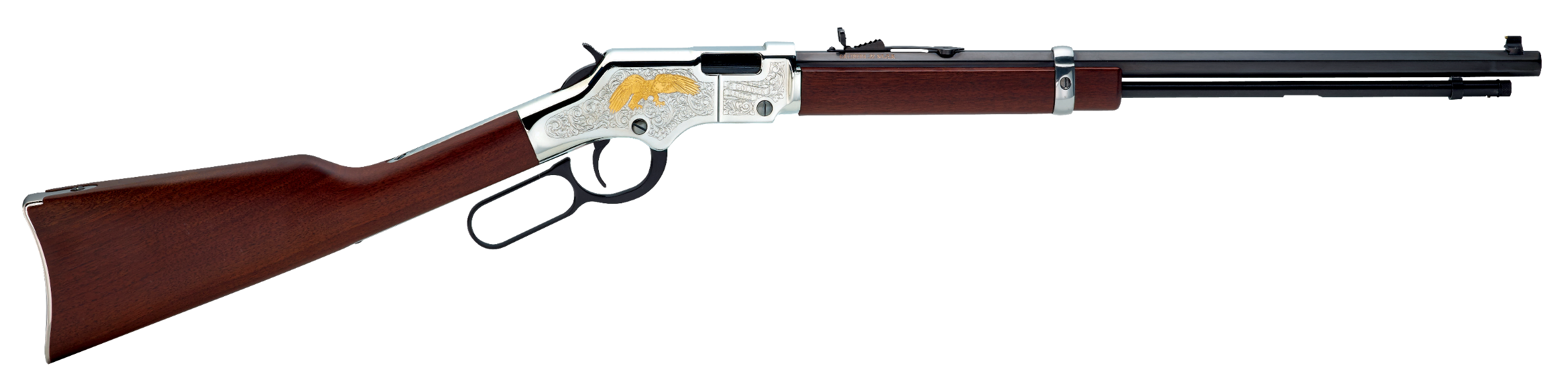 Henry H004GE Golden Eagle Full Size 22 Short, 22 Long, 22 LR, 16 LR/21 Short 20" Blued Octagon Barrel, Nickel-Plated Metal Finish, American Walnut Stock Right Hand