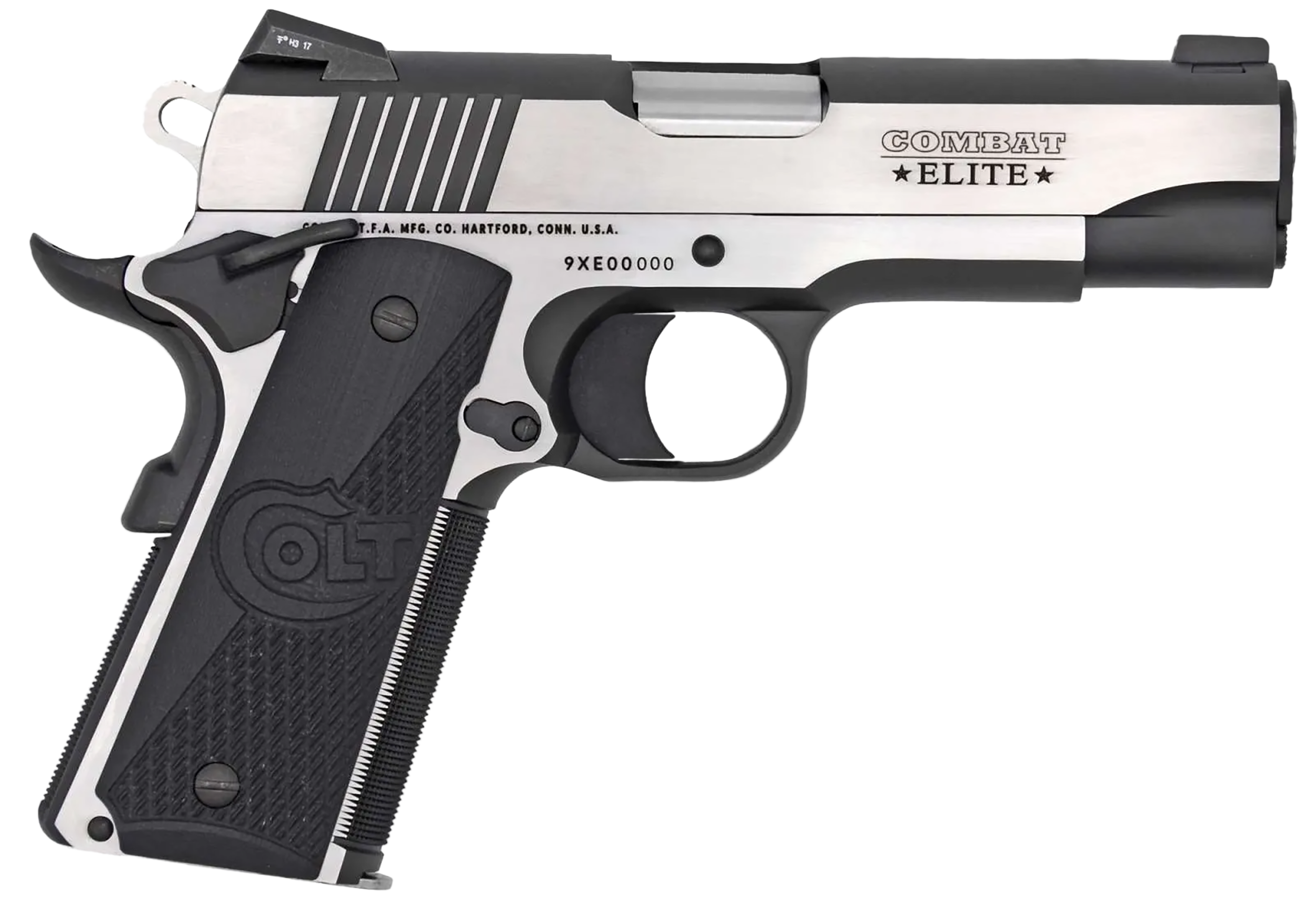 Colt Mfg O4082CE Combat Elite Commander 9mm Luger 8+1 4.25" Stainless Steel Barrel, Two-Tone Serrated Stainless Steel Slide & Frame w/Beavertail, Black Scalloped G10 Grip, Ambidextrous