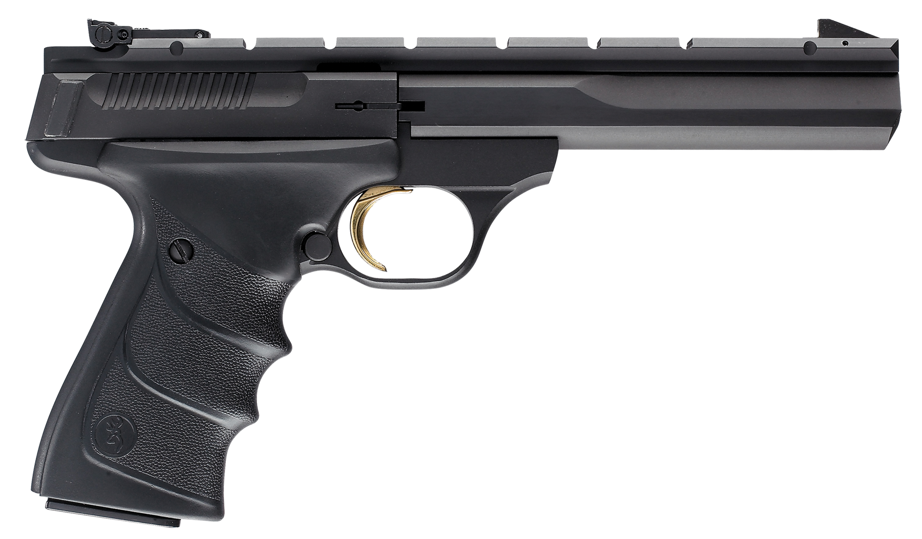 Browning 051421490 Buck Mark Contour *CA Compliant 22 LR 10+1 5.50" Black Contoured Barrel, Matte Blued Aluminum Frame & Receiver w/Rail, Black Overmolded Grip, Right Hand