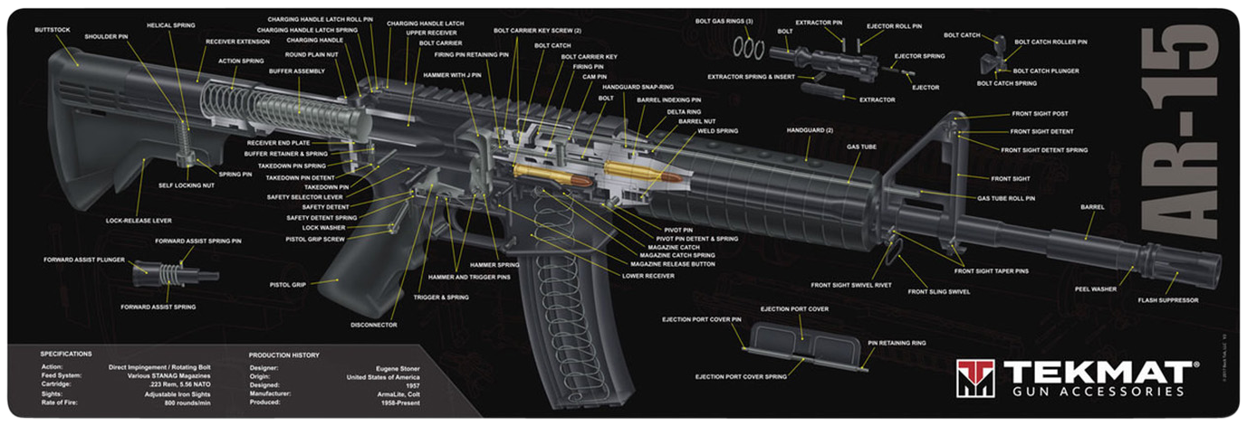 TekMat TEKR36AR15 Cleaning Mat Black/White Rubber 12"x36" AR-15 3D Cutaway