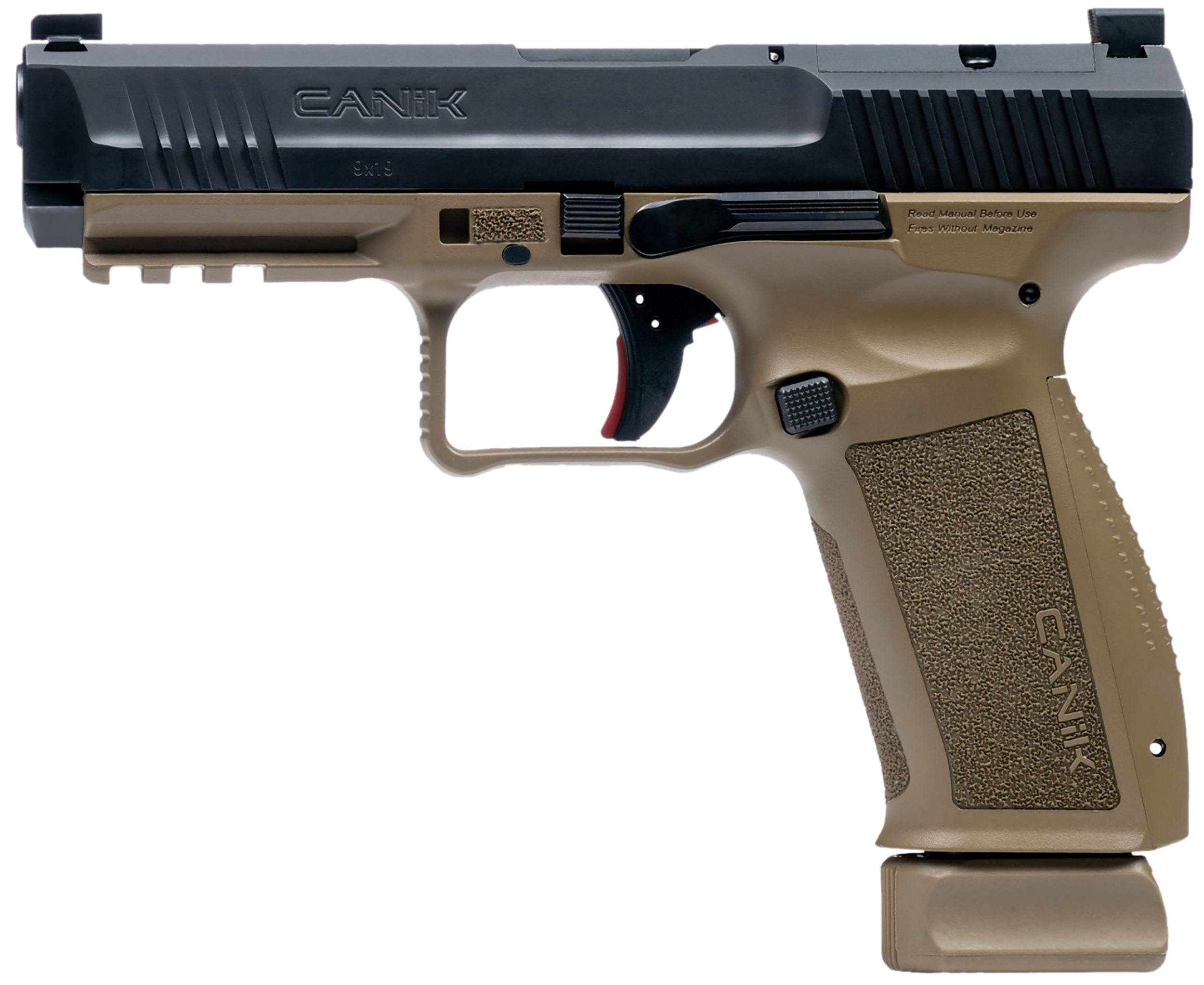 Canik HG6652N Mete SFT 9mm Luger 10+1 4.46" Black Nitride Steel Barrel, Black Cerakote Optic Ready/Serrated Steel Slide, Flat Dark Earth Polymer Frame w/Picatinny Rail, Interchangeable Backstrap Grip