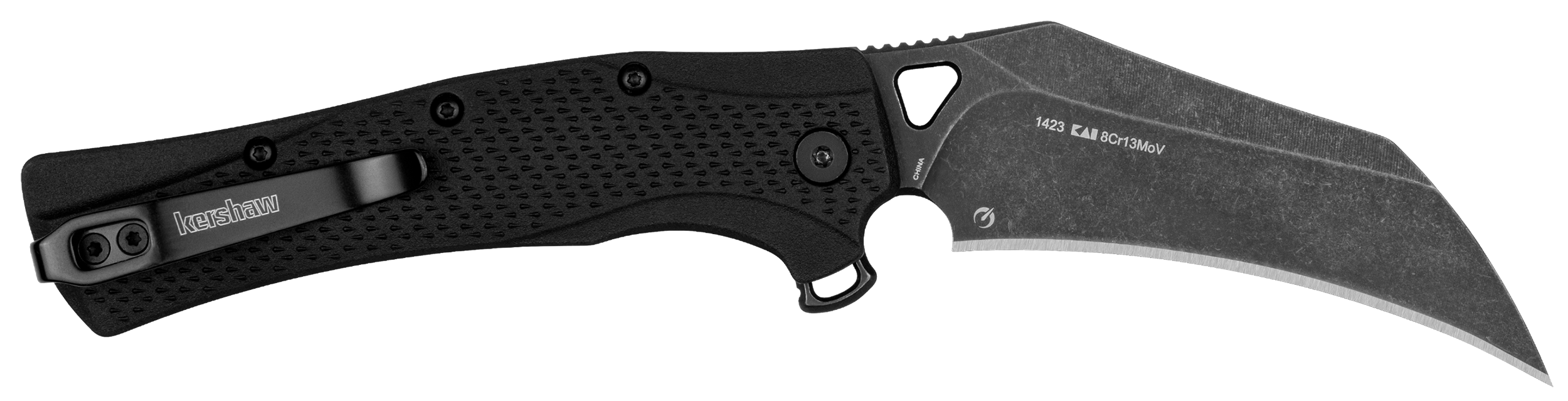Kershaw 1423 Dawnstar  Tactical 3.50" Folding Hawkbill Plain Blackwash 8Cr13MoV SS Blade, Black Textured Glass Filled Nylon Handle