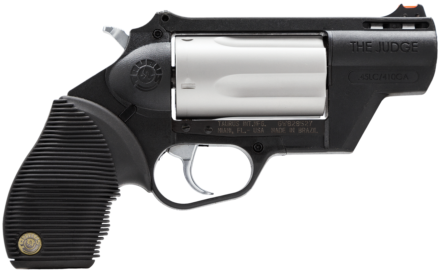 Taurus 2441029TCPLY Judge Public Defender 45 Colt (LC) Caliber or 2.50" 410 Gauge 5 Shot 2.50" Black Finish Barrel, Matte Stainless Finish Cylinder, Black Finish Polymer Frame & Black Ribber Grip