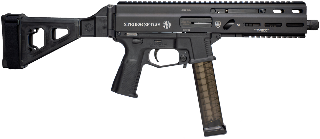 Grand Power 197892004824 SP45A3 Stribog 45 ACP 20+1 8" Black Threaded Barrel, Black Aluminum Picatinny Rail Receiver, Black SB Tactical Brace, Black Polymer Grip, Thread Protector