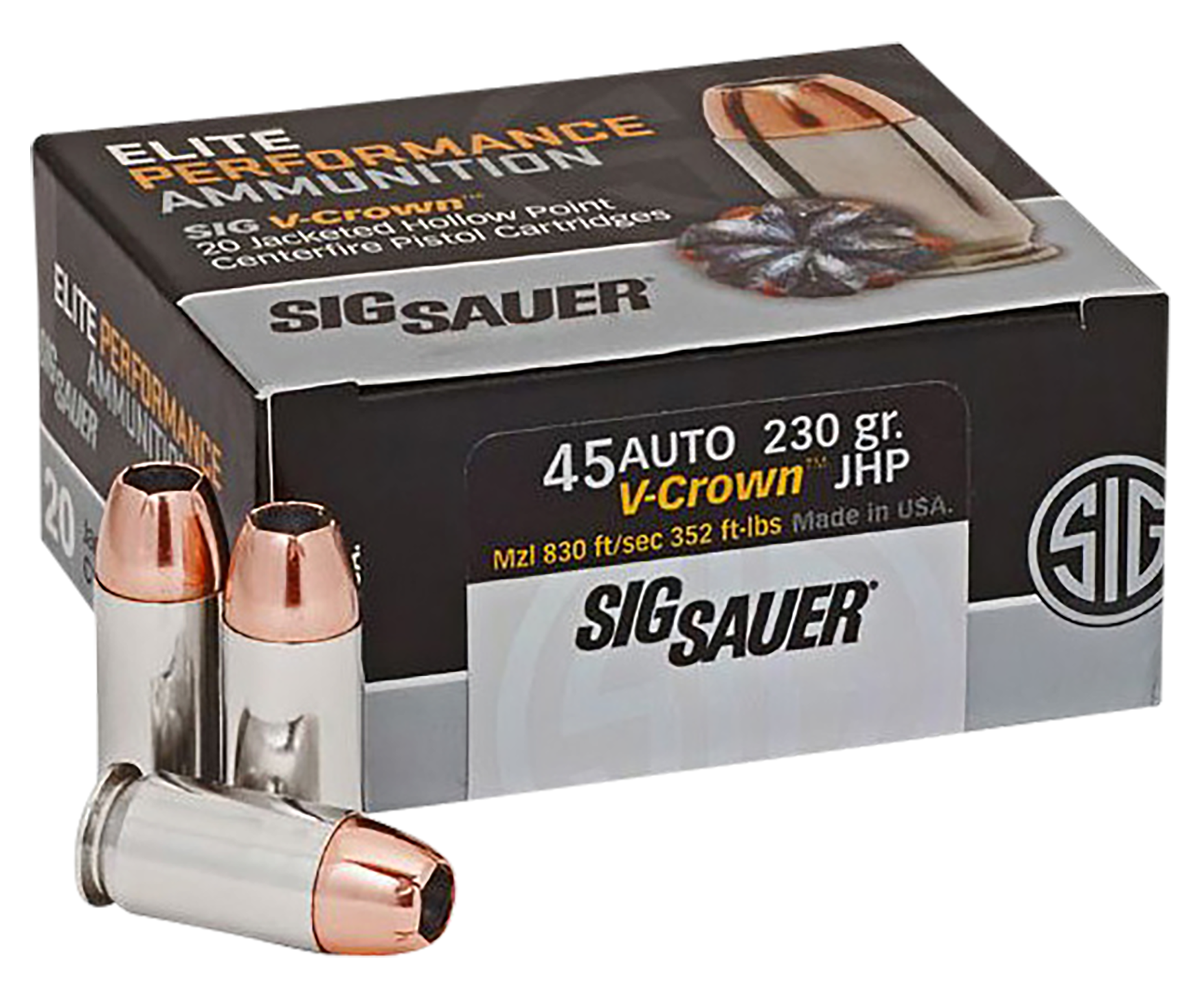 Sig Sauer E45AP220 Elite Performance  45ACP 230gr V-Crown Jacketed Hollow Point 20 Per Box/10 Case