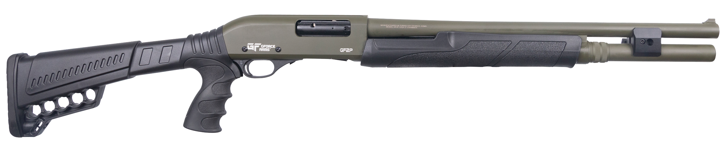 Gforce Arms GF2P12 GF2P 12 Gauge Pump 3" Chamber 7+1 20" Fixed Cylinder Bore, OD Green Barrel/Rec, Black Furniture, 5rd Shell Carrier Stock, Rubber Pistol Grip, Blade Sight, 3rd Shell Holder on Rec