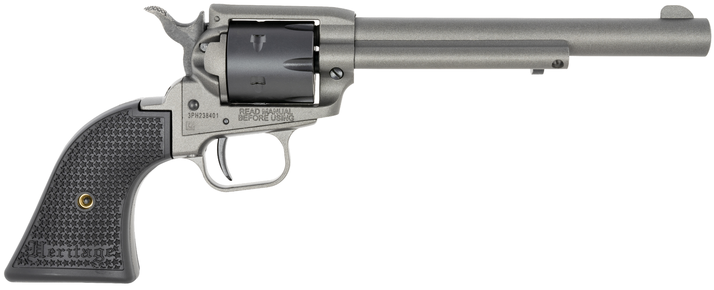 Heritage Mfg RR22C6 Rough Rider  22 LR 6 Shot. 6.50" Tungsten Gray Cerakote Steel Barrel & Frame, Black Satin Cylinder, Black Star Polymer Grip, Hammer/Thumb Safety, Exposed Hammer