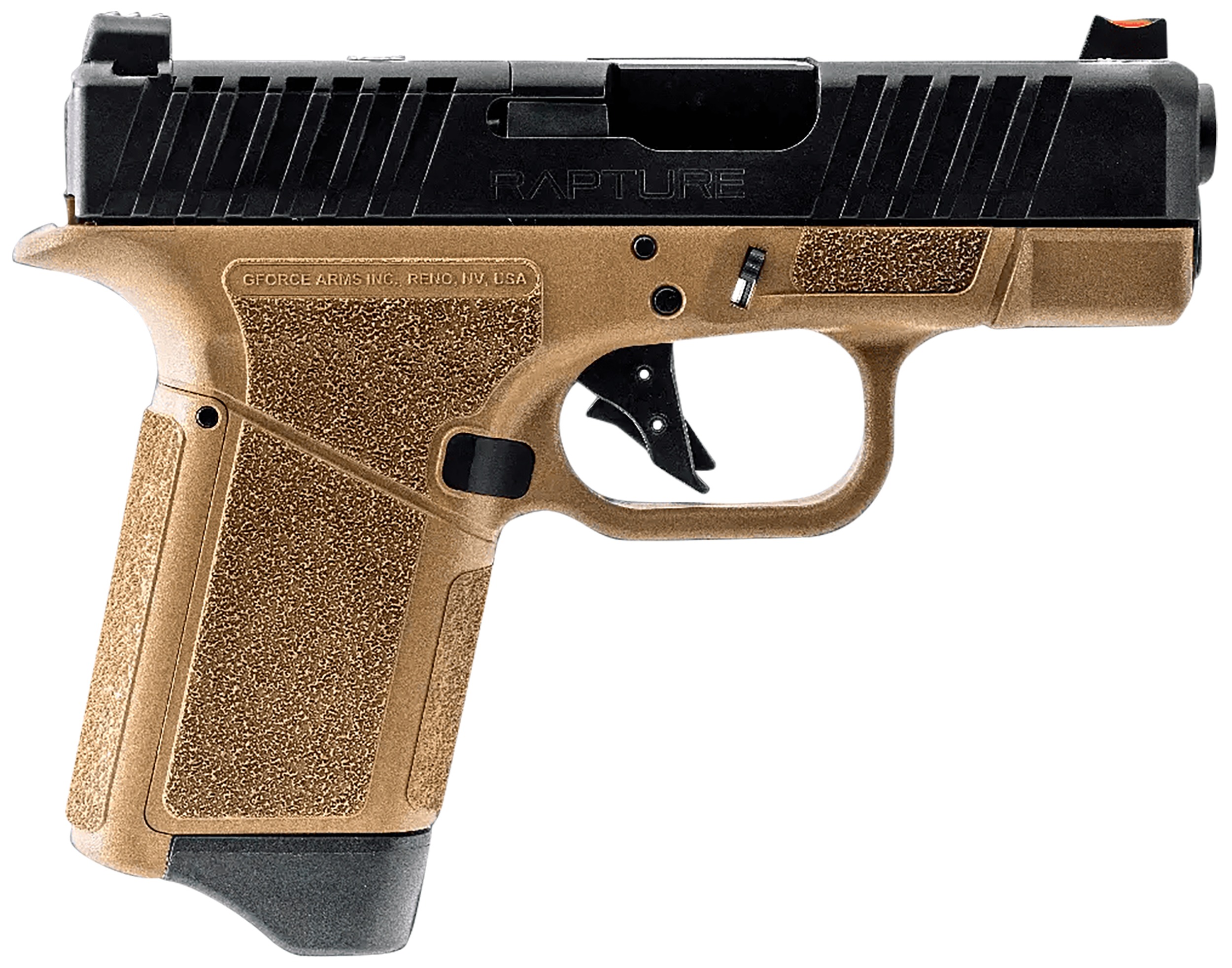 Gforce Arms GF932512FB Rapture  Sub-Compact Frame 9mm Luger 12+1 3.25" Black Steel Barrel, Black Steel Optic Cut/Serrated Slide, Flat Dark Earth Cerakote Polymer Frame, Shield RMSc/RMR Footprint