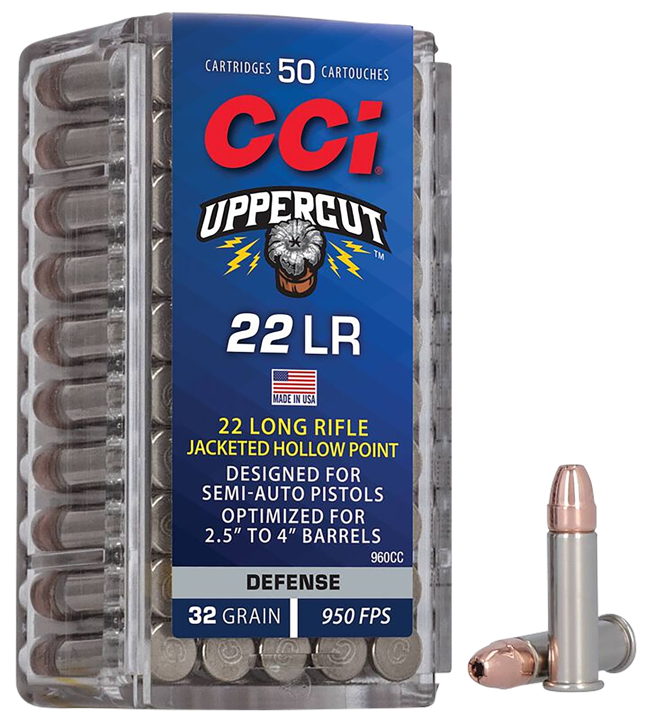 CCI 960CC Uppercut Defense 22LR 32gr Jacketed Hollow Point 50 Per Box/100 Case