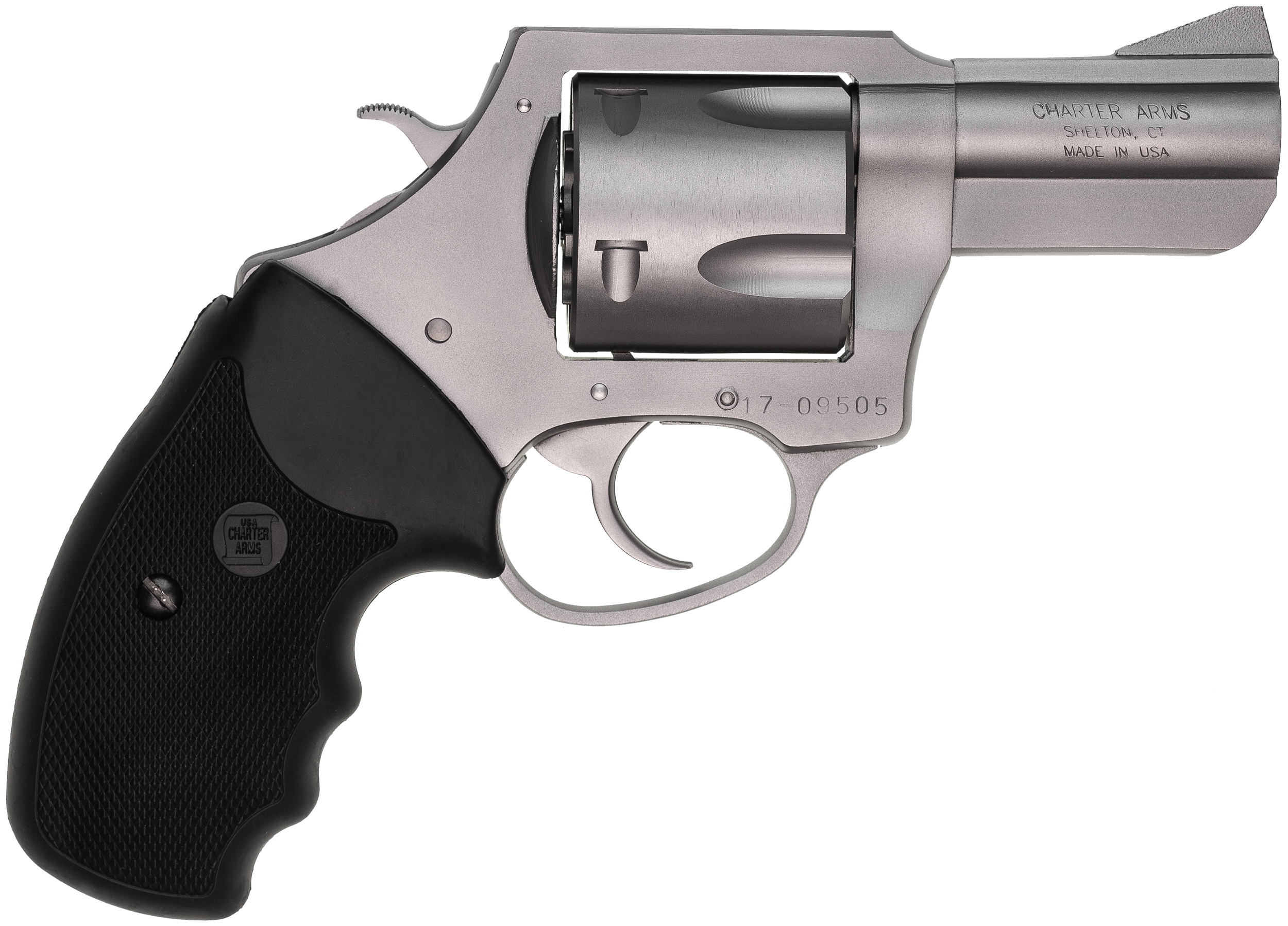 Charter Arms 74520 Pitbull 45 ACP 5rd, 2.50" Matte Stainless Steel Barrel, Cylinder & Frame, Standard Hammer, Finger Grooved Black Rubber Grip