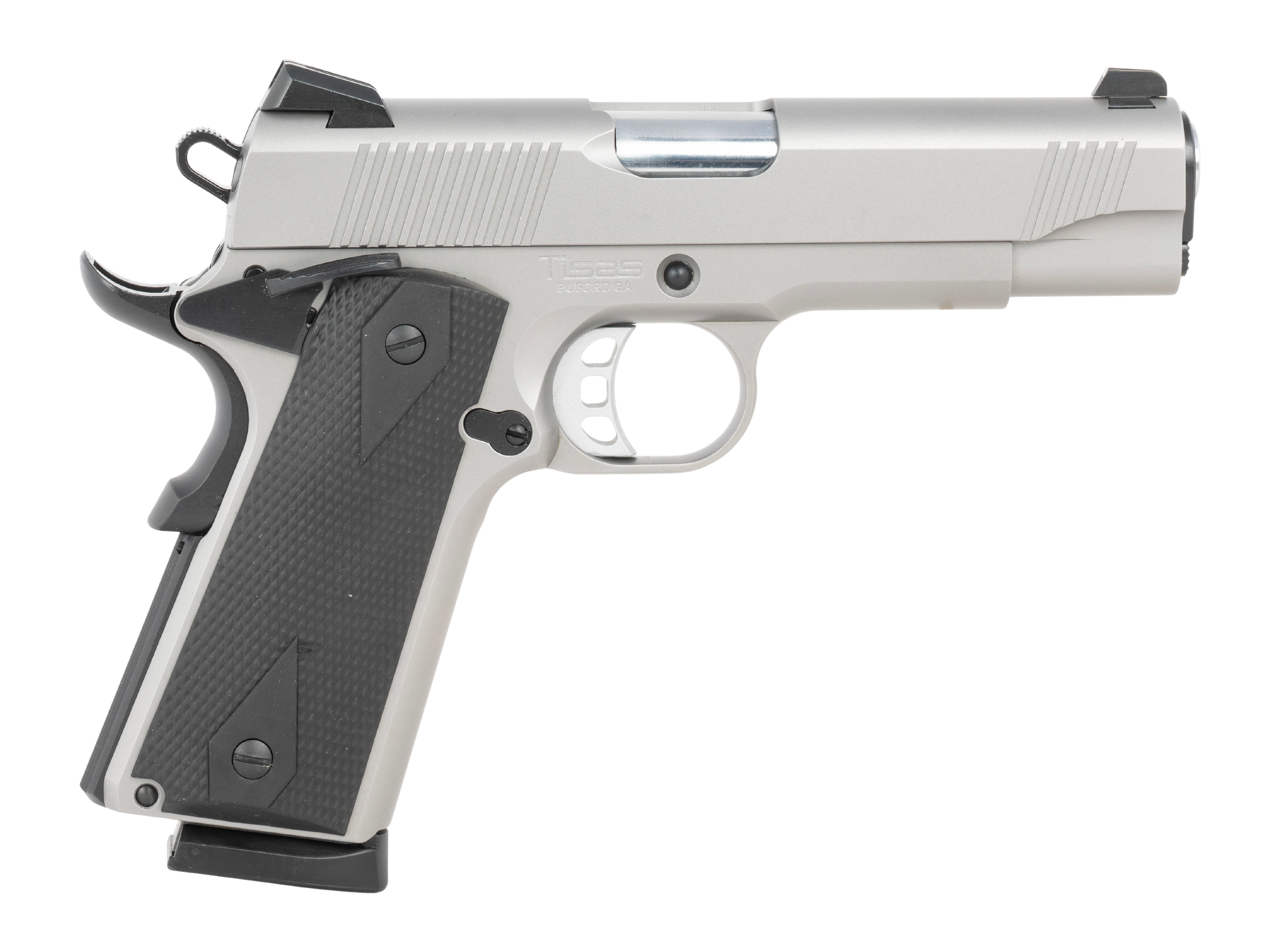 Tisas Arms 10100123 1911  Carry 45 ACP 8+1 4.25" Stainless Steel Serrated Slide & Frame w/Beavertail, Black Rubber Grip