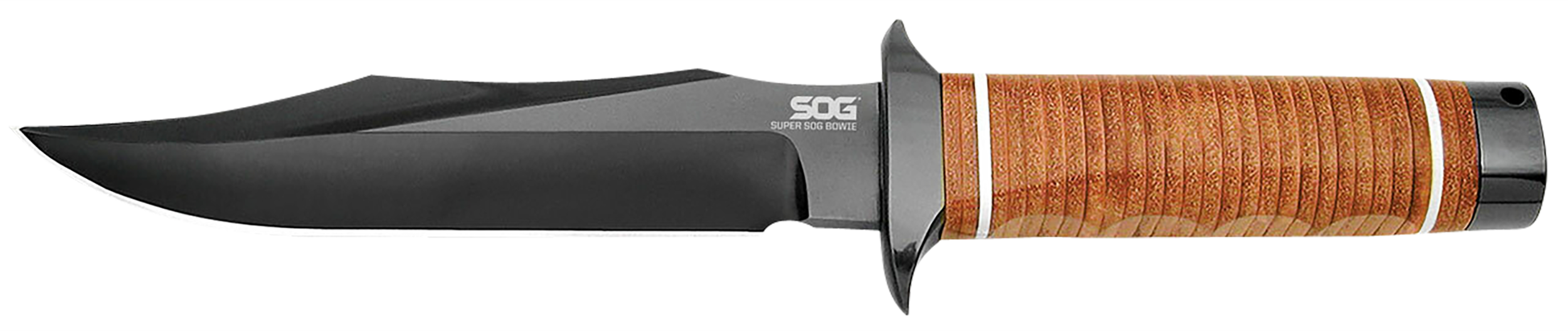 S.O.G SOGSB1TL Super SOG  7.50" Fixed Bowie Plain Black Hardcased TiCN AUS-8A SS Blade Brown Stacked Leather Washers w/Cross Guard Handle Includes Sheath