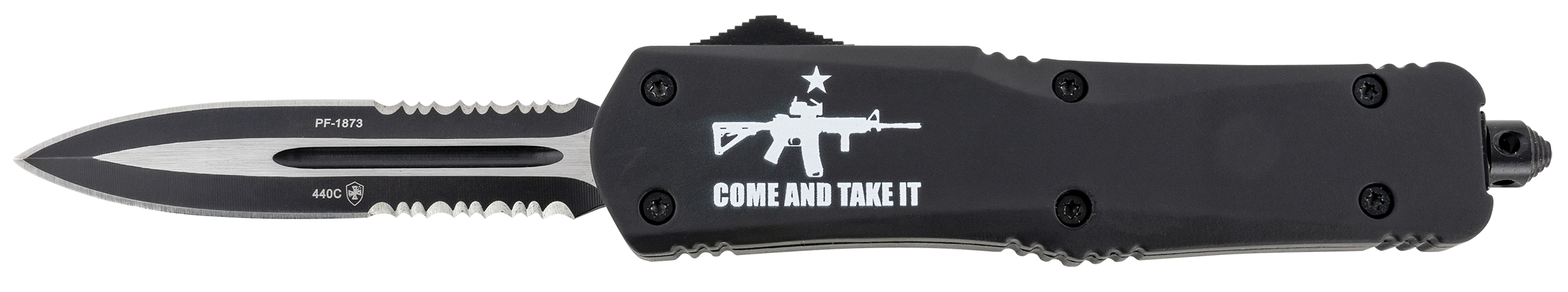 Templar Knife LAR15431 Gen II Come And Take It Large 3.50" OTF Dagger Part Serrated Black Oxide Stonewashed 440C SS Blade, 5.25" Black w/ "Come And Take It" AR-15 Gun Aluminum Handle, Glass Breaker