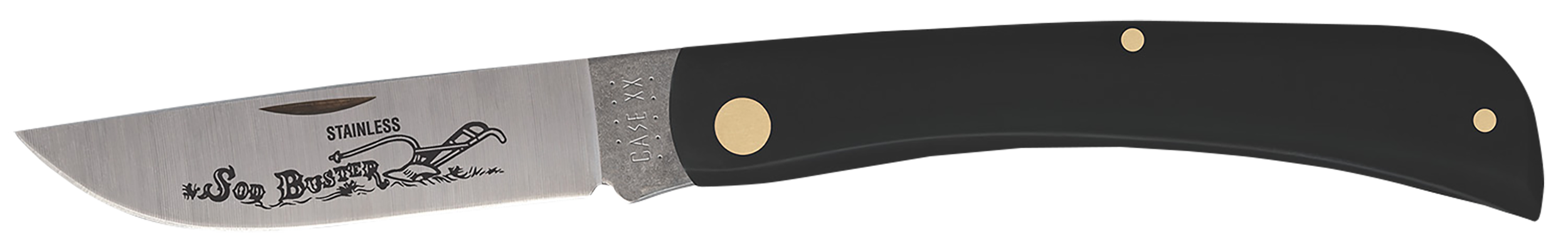 Case 00092 Sod Buster  3.70" Folding Skinner Plain Etched As-Ground Tru-Sharp SS Blade/Smooth Black Synthetic Handle