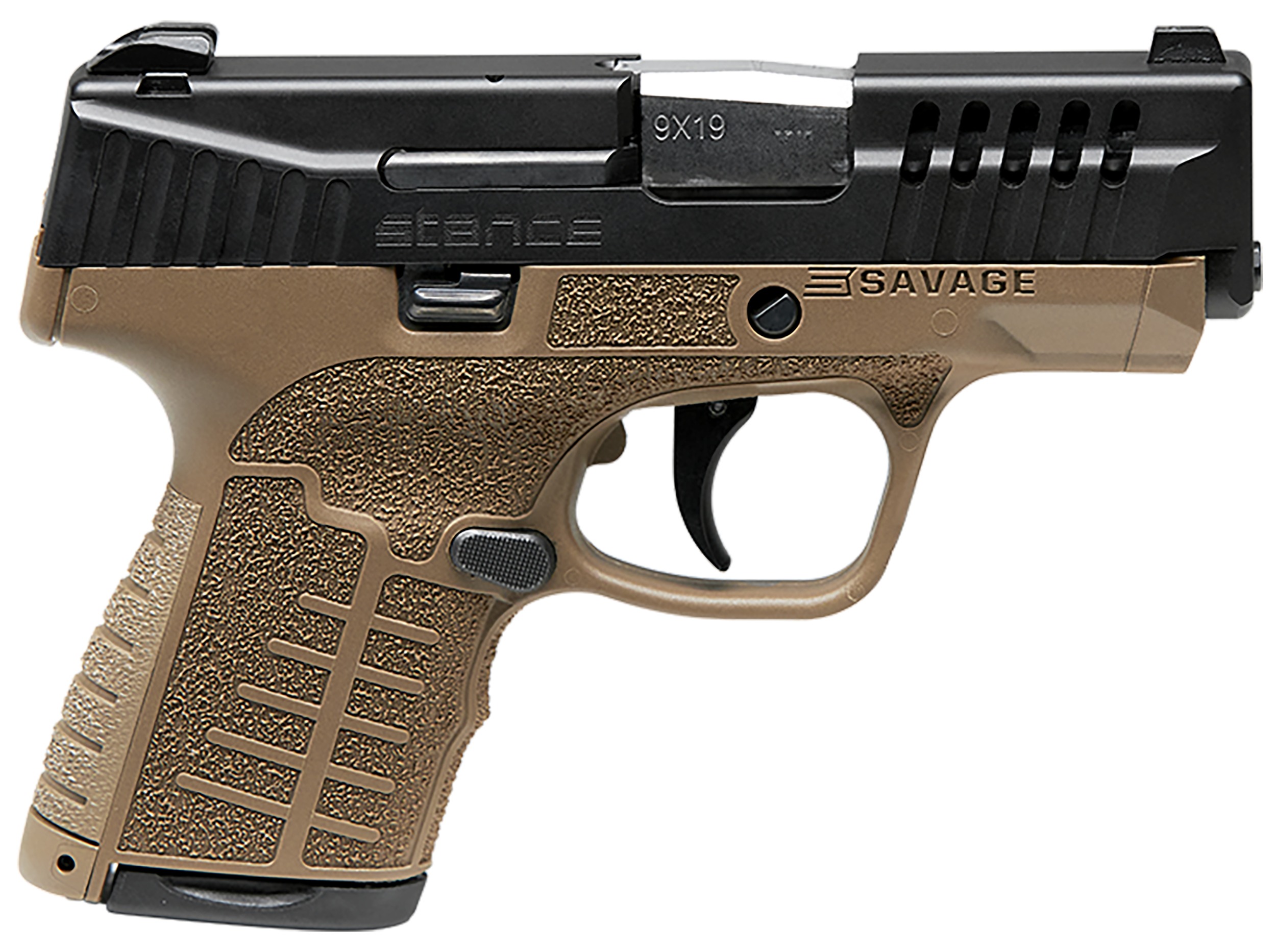 Savage Arms 67007 Stance  9mm Luger 8+1 3.20" Stainless Steel Barrel, Black Nitride Ported/Serrated Steel Slide, Flat Dark Earth Polymer Frame, Interchangeable Backstrap Grip, Ambidextrous
