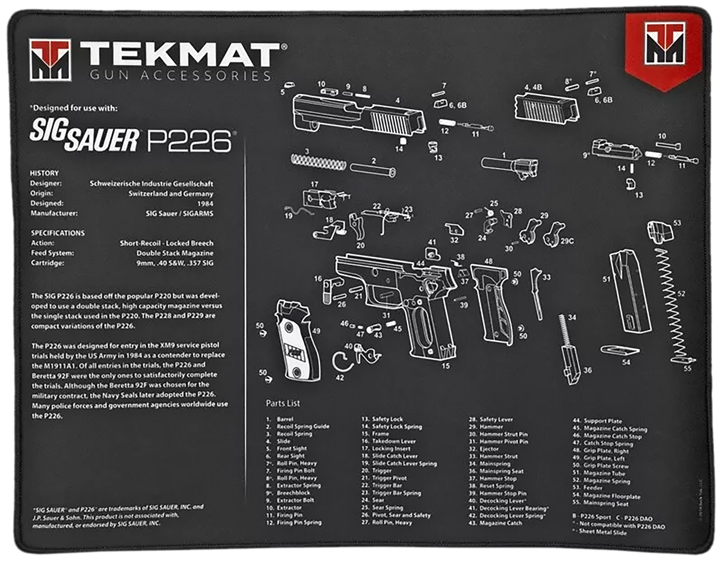 TekMat TEKR20SIGP226 Sig Sauer P226 Ultra 20 Cleaning Mat Black/White Rubber 15"x20" Sig Sauer P226 Parts Diagram